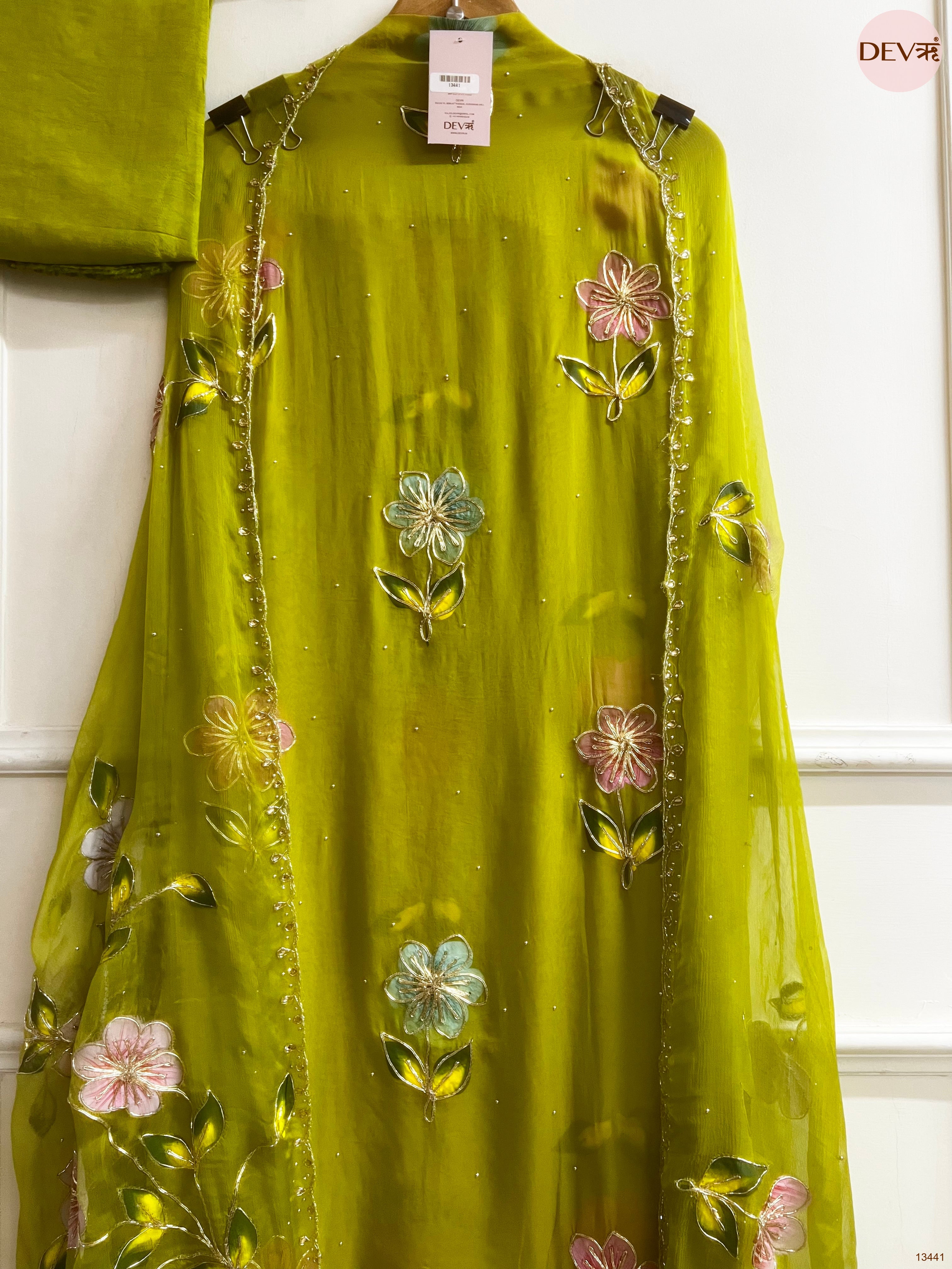Olive viscose organza Embroidered Unstitched 3-Piece Suit (Devri – D.No 13441)