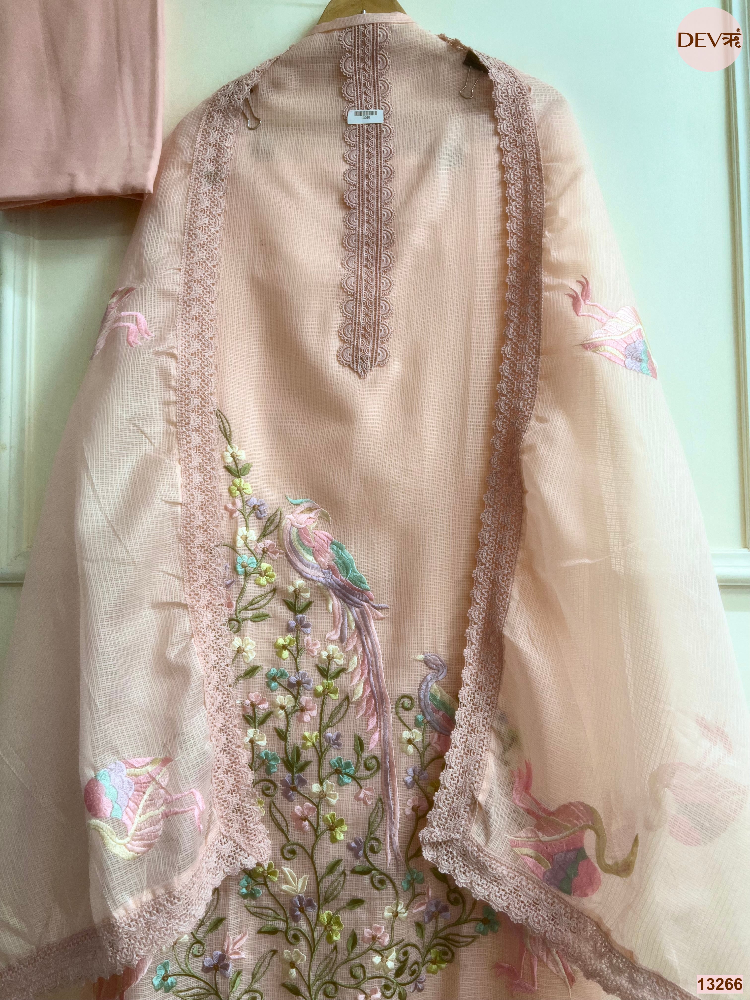 Peach Kota Cotton Embroidered Unstitched 3-Piece Suit (Devri – D.No 13266)