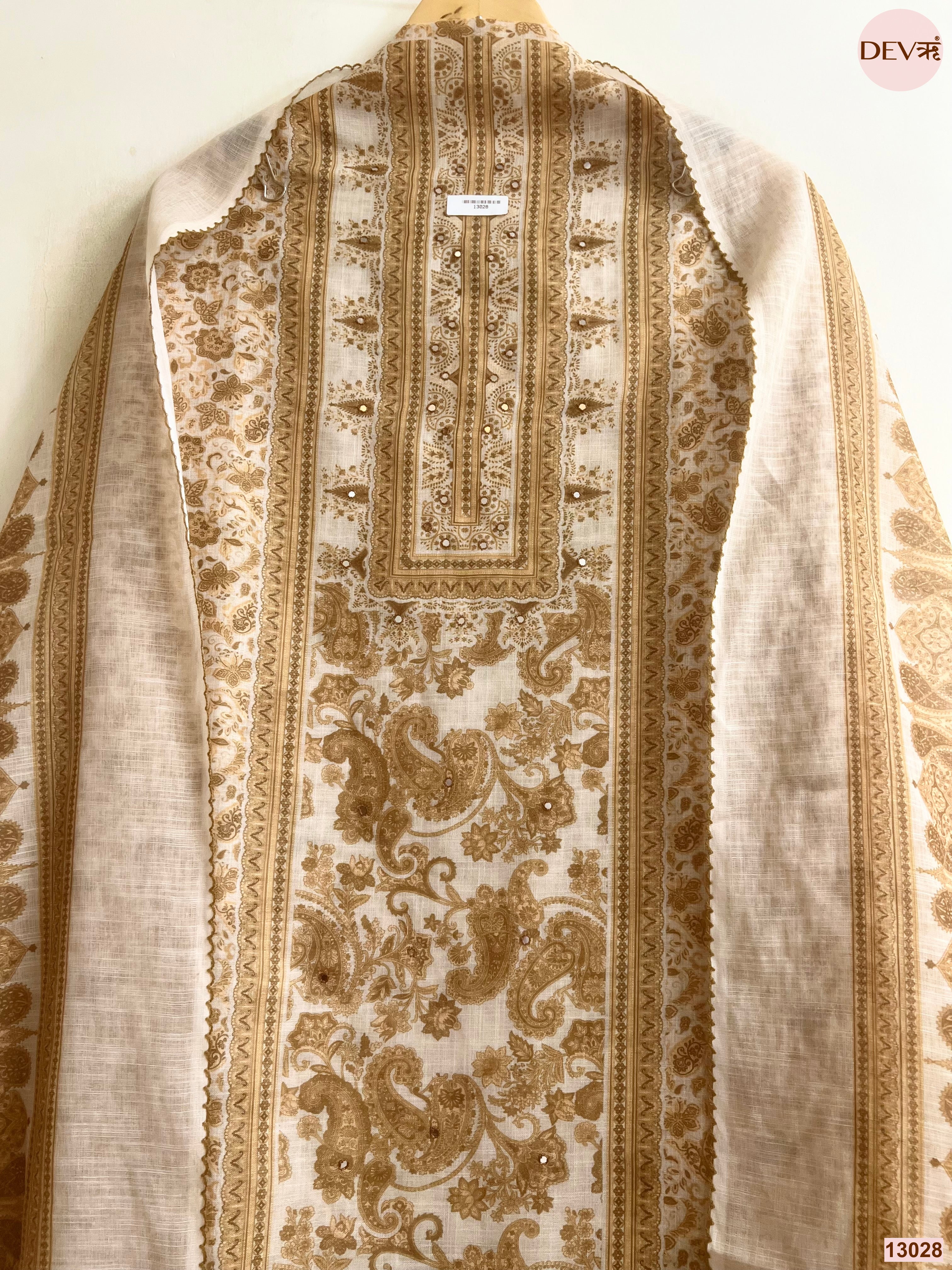 Cream Linen Printed Unstitched 3-Piece Suit (Devri – D.No 13028)