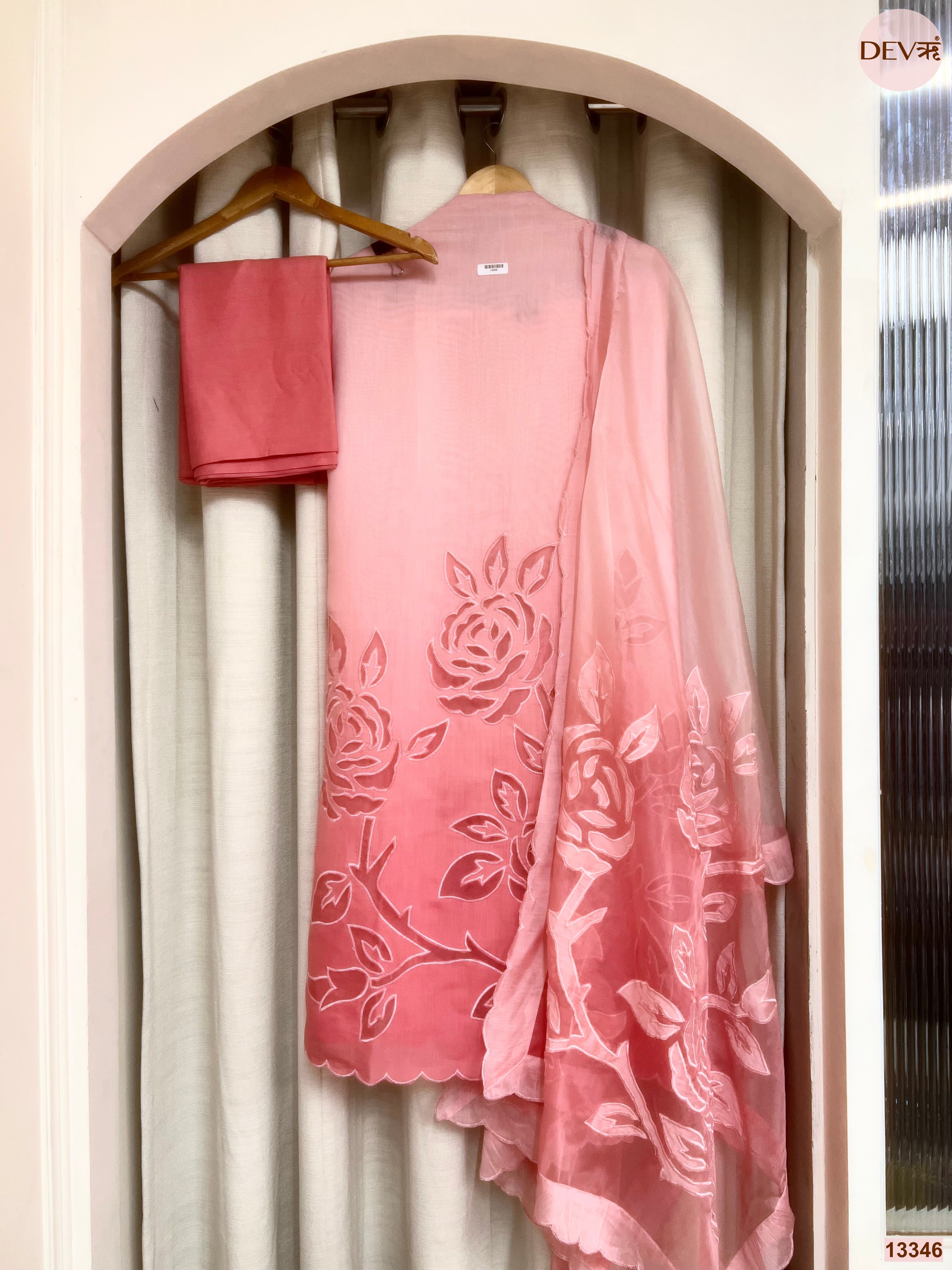 Pink Mul Chanderi Embroidered Unstitched 3-Piece Suit (Devri – D.No 13346)