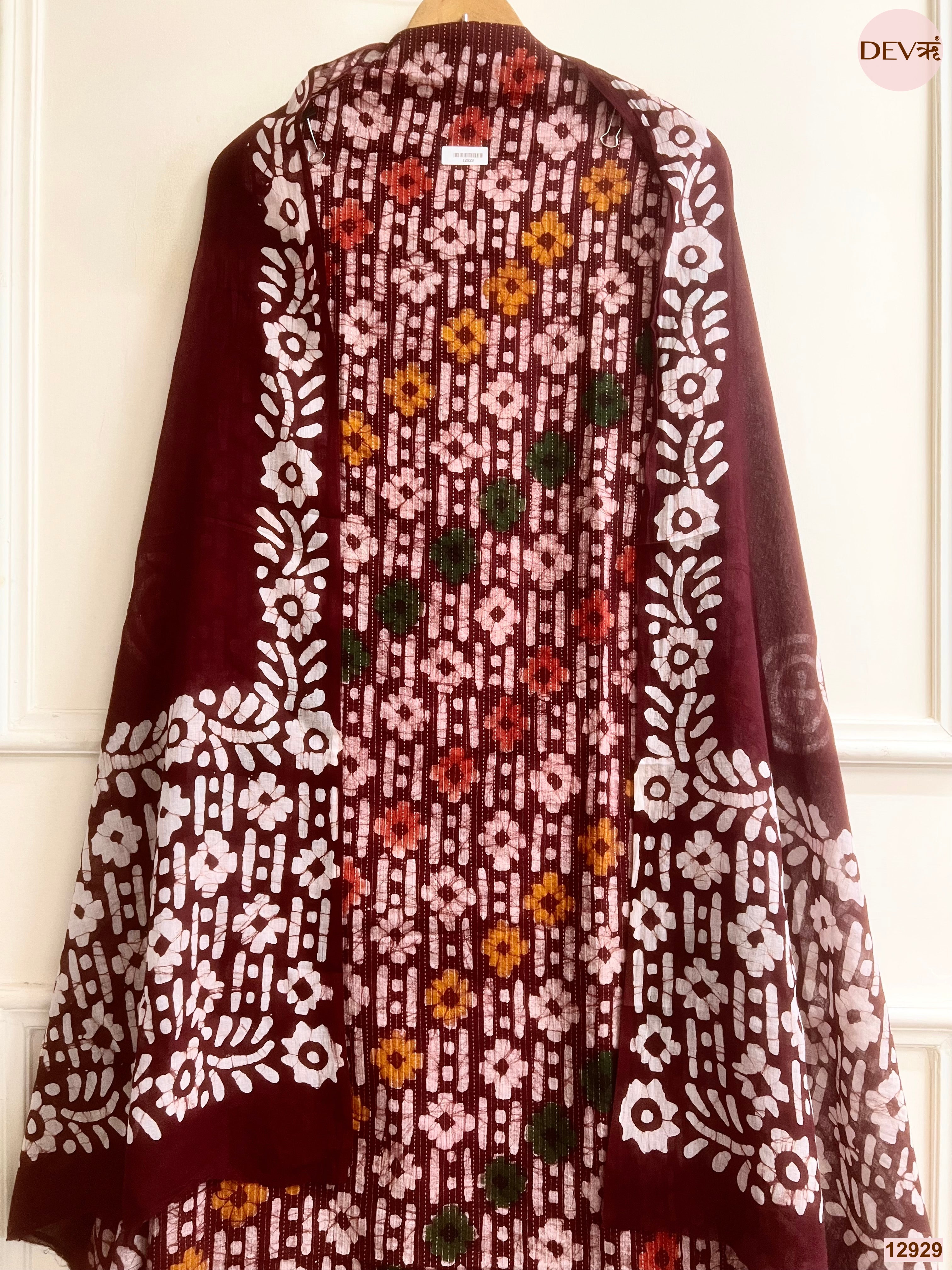 Maroon Cotton Batik Printed Unstitched 3-Piece Suit (Devri – D.No 12929)