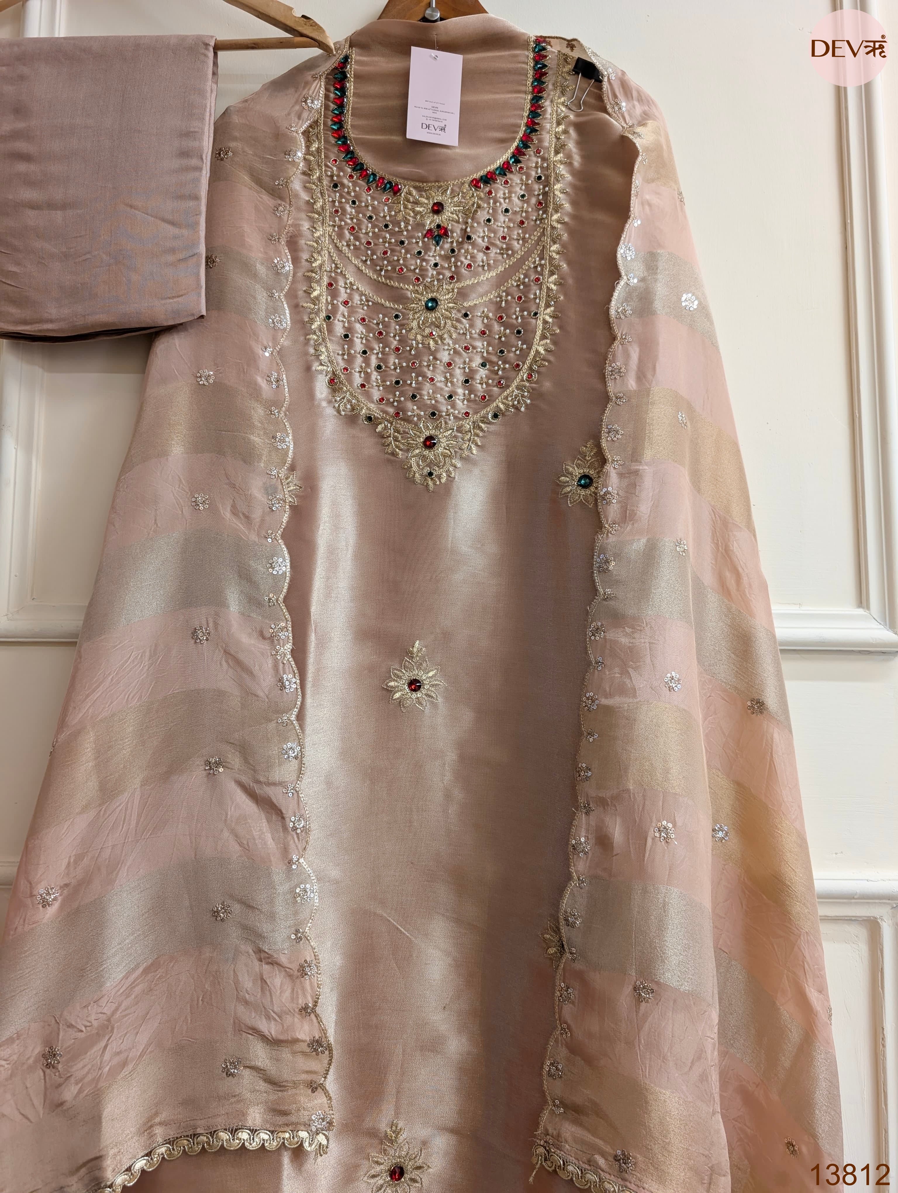 Pink Pure Tissue Giraffe Silk Hand Unstitched 3-Piece Suit (Devri – D.No 13812)
