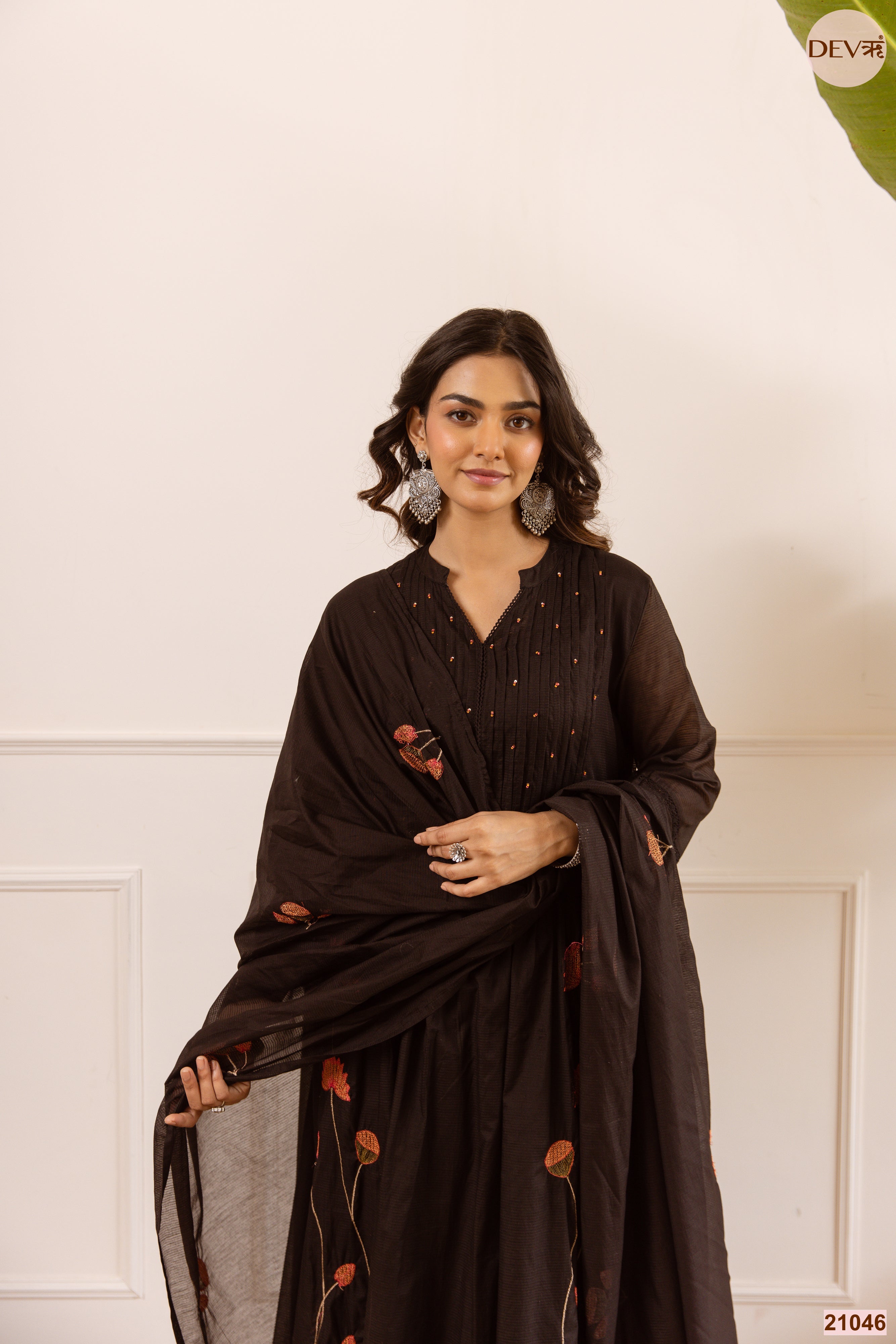 Noor Net Chanderi Embroidered Black 3-Piece Set (Devri – D.No 21046)