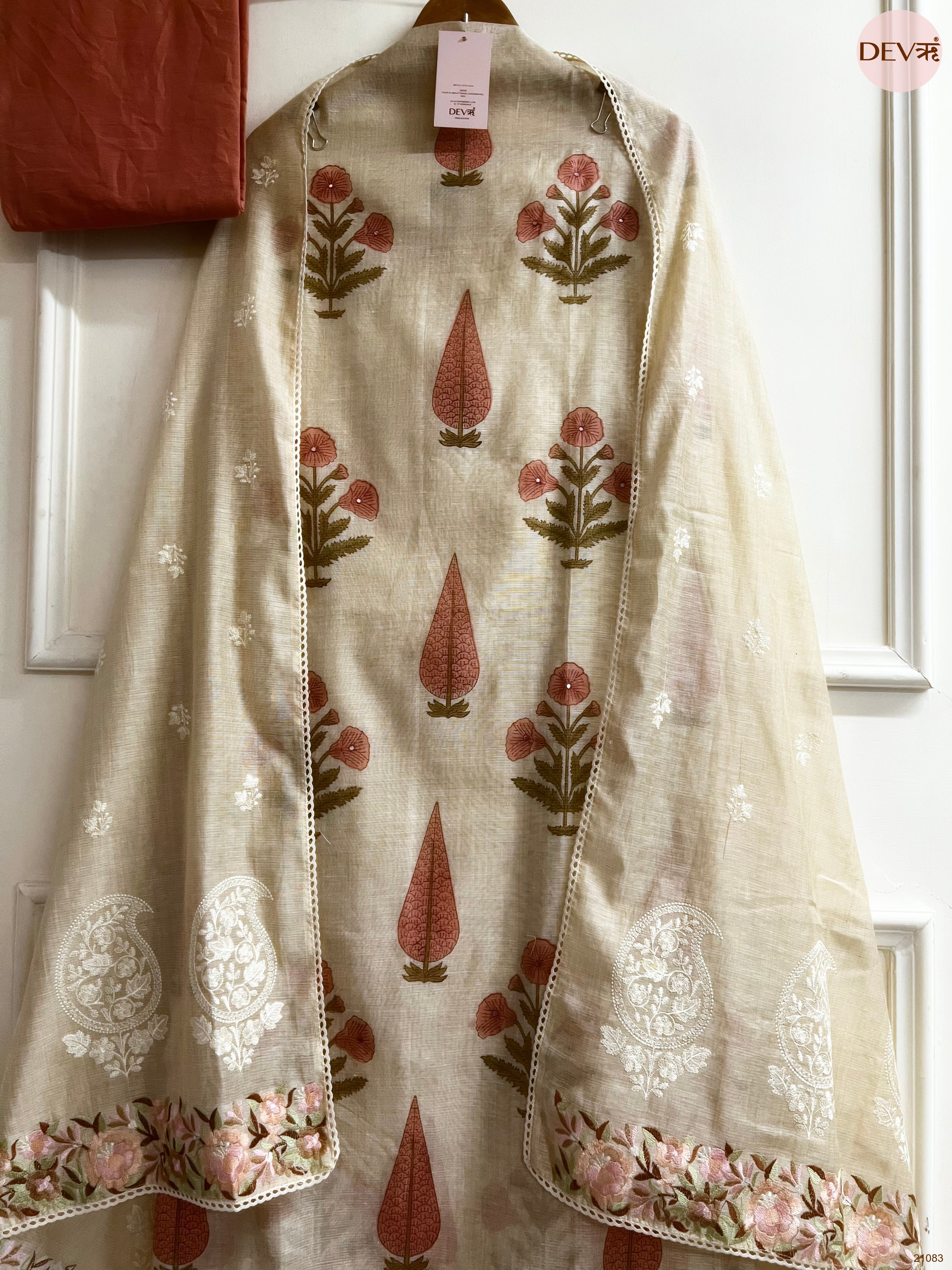 Beige Mul Chanderi Printed Unstitched 3-Piece Suit (Devri – D.No 21083)