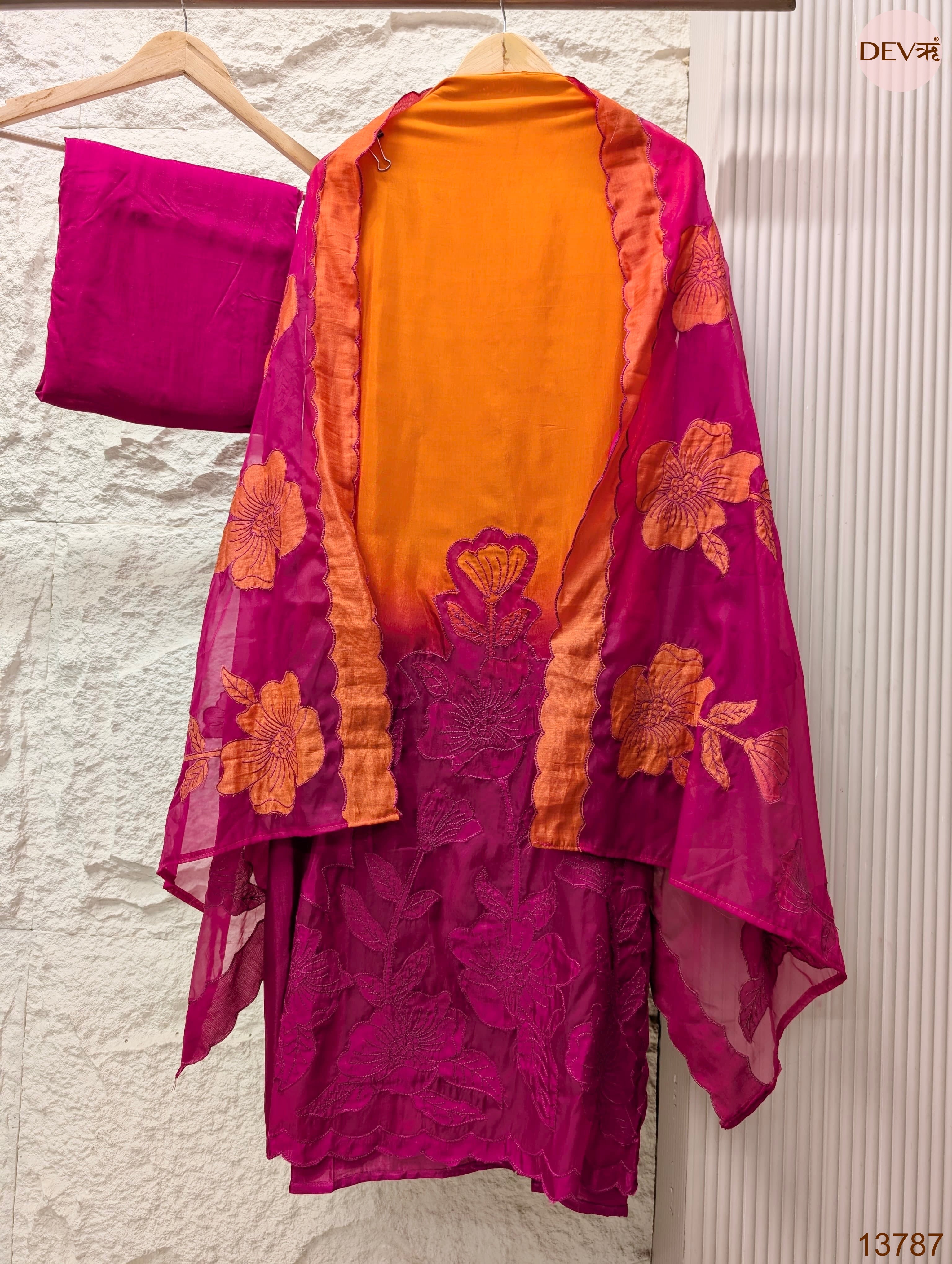 Orange Muslin Embroidered Unstitched 3-Piece Suit (Devri – D.No 13787)