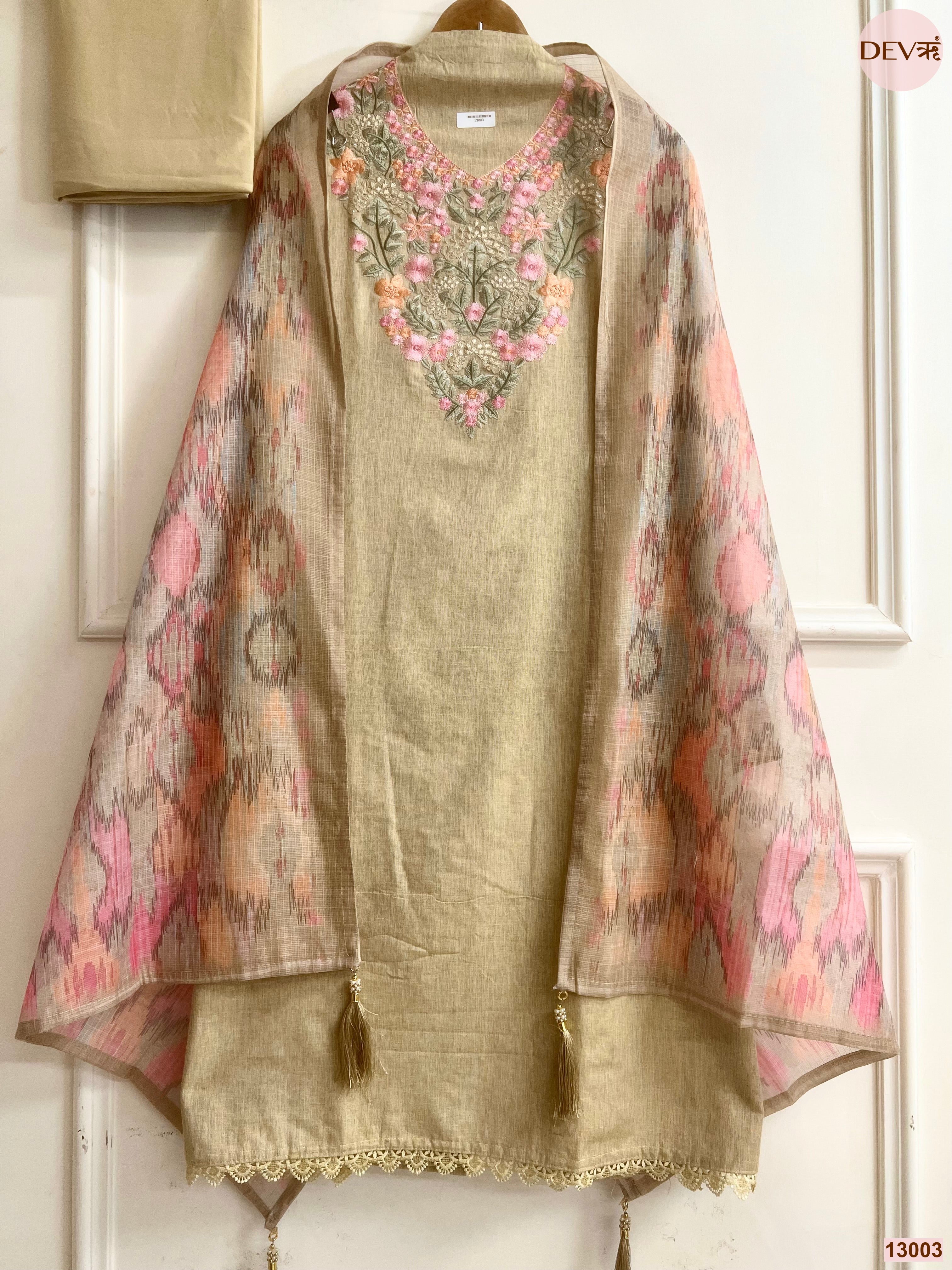 Beige Cotton Handloom Embroidered Unstitched 3-Piece Suit (Devri – D.No 13003)