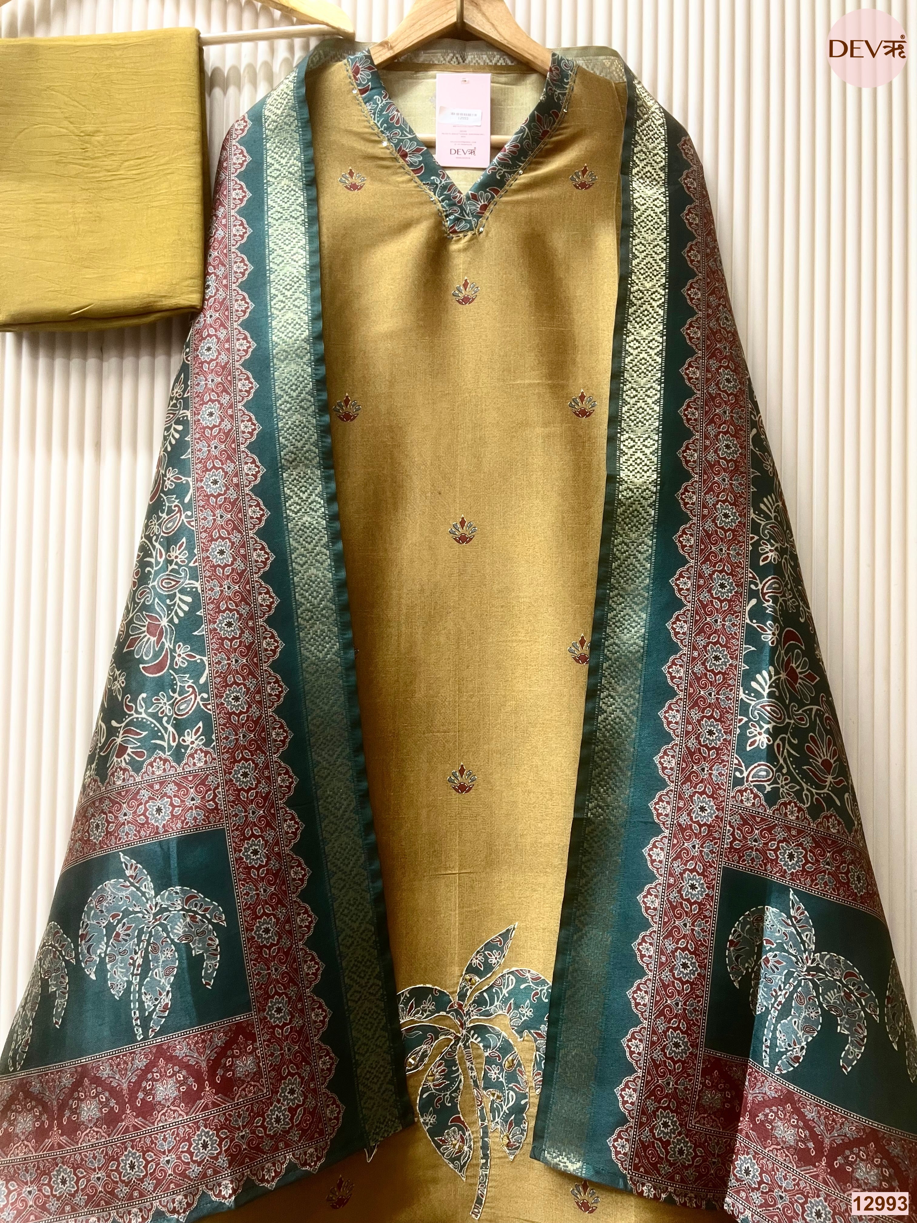 Mustard Raw Silk Printed Unstitched 3-Piece Suit (Devri – D.No 12993)