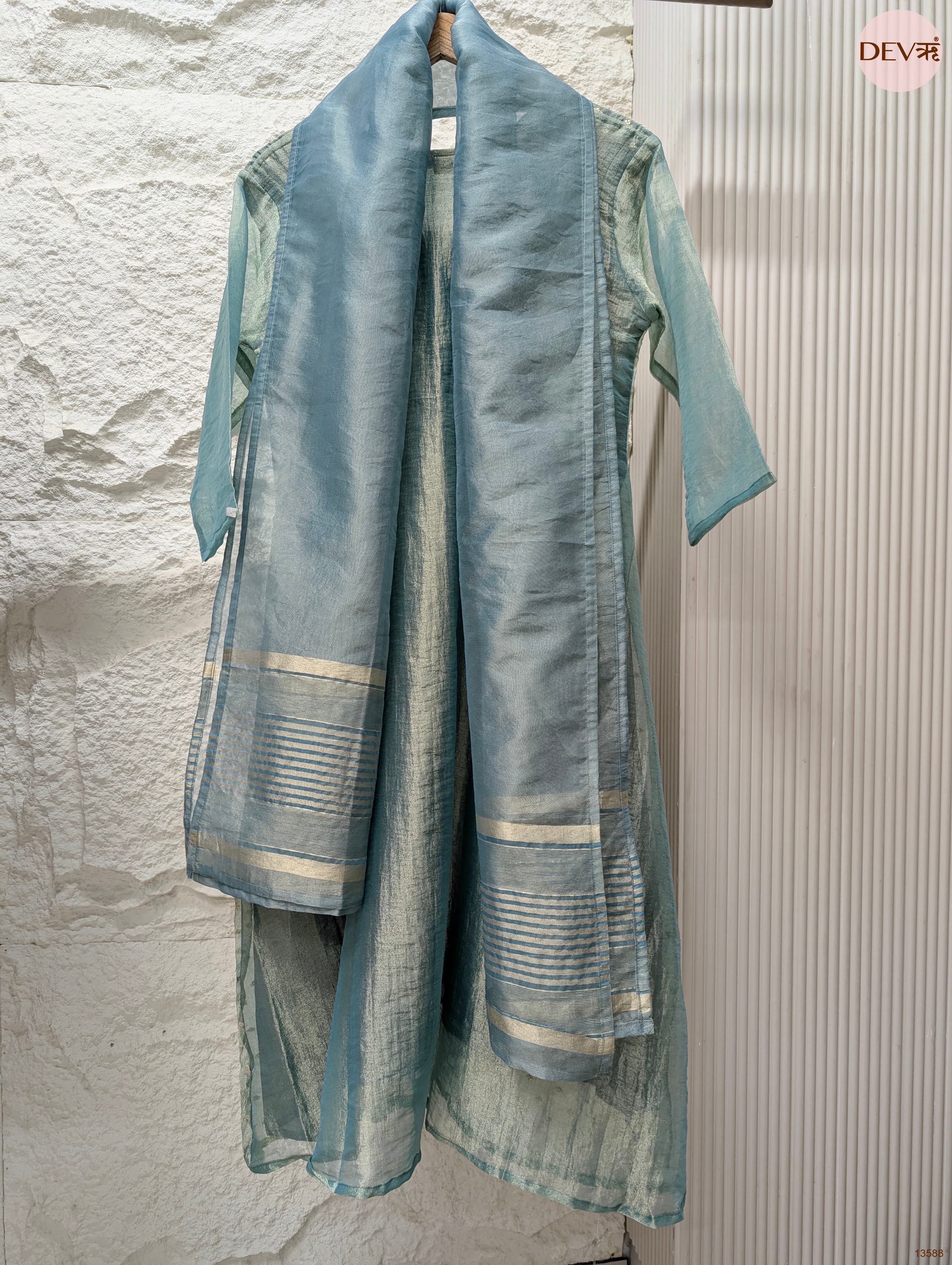 Zareen Tissue Crush Silk Embroidered Sea Green 3-Piece Set (Devri – D.No 13588)