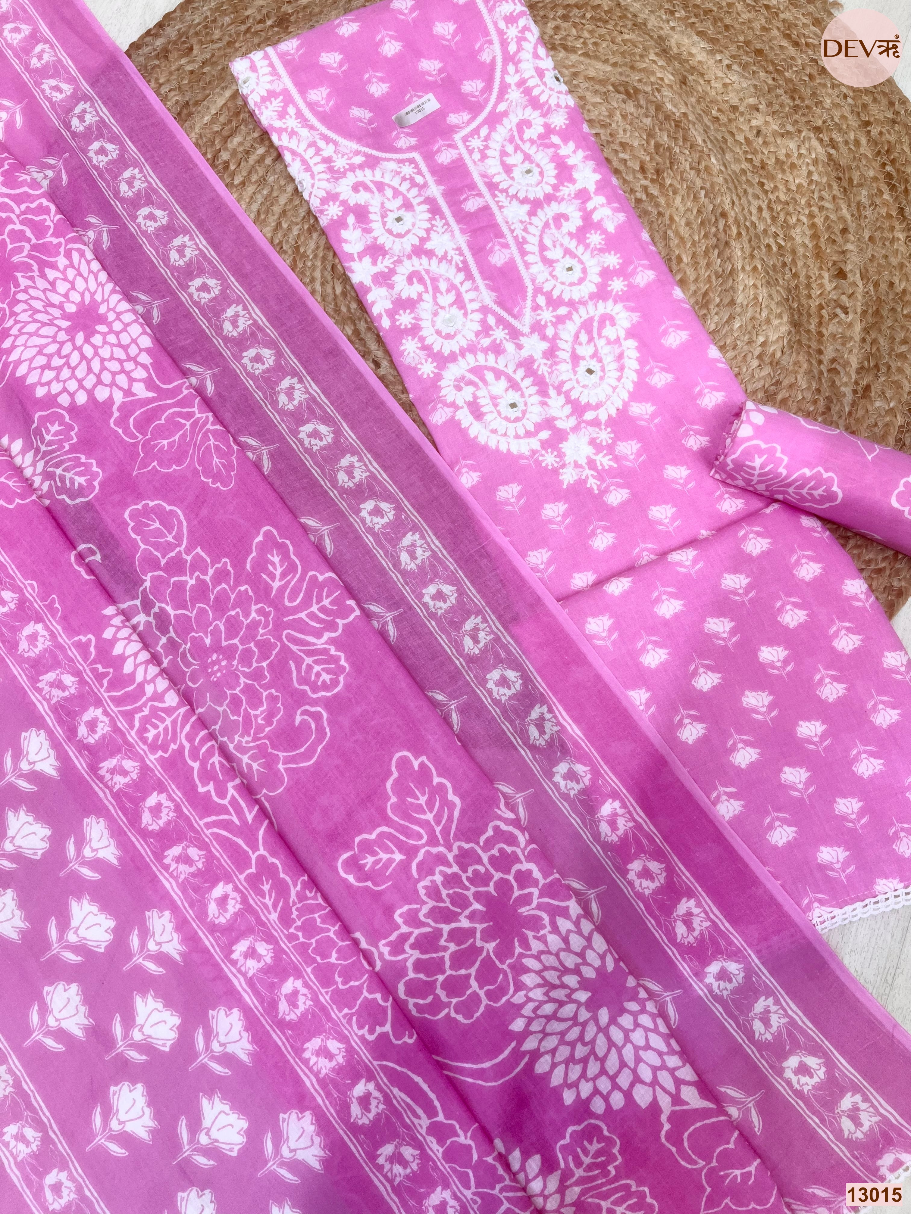 Pink Cotton Printed Unstitched 3-Piece Suit (Devri – D.No 13015)