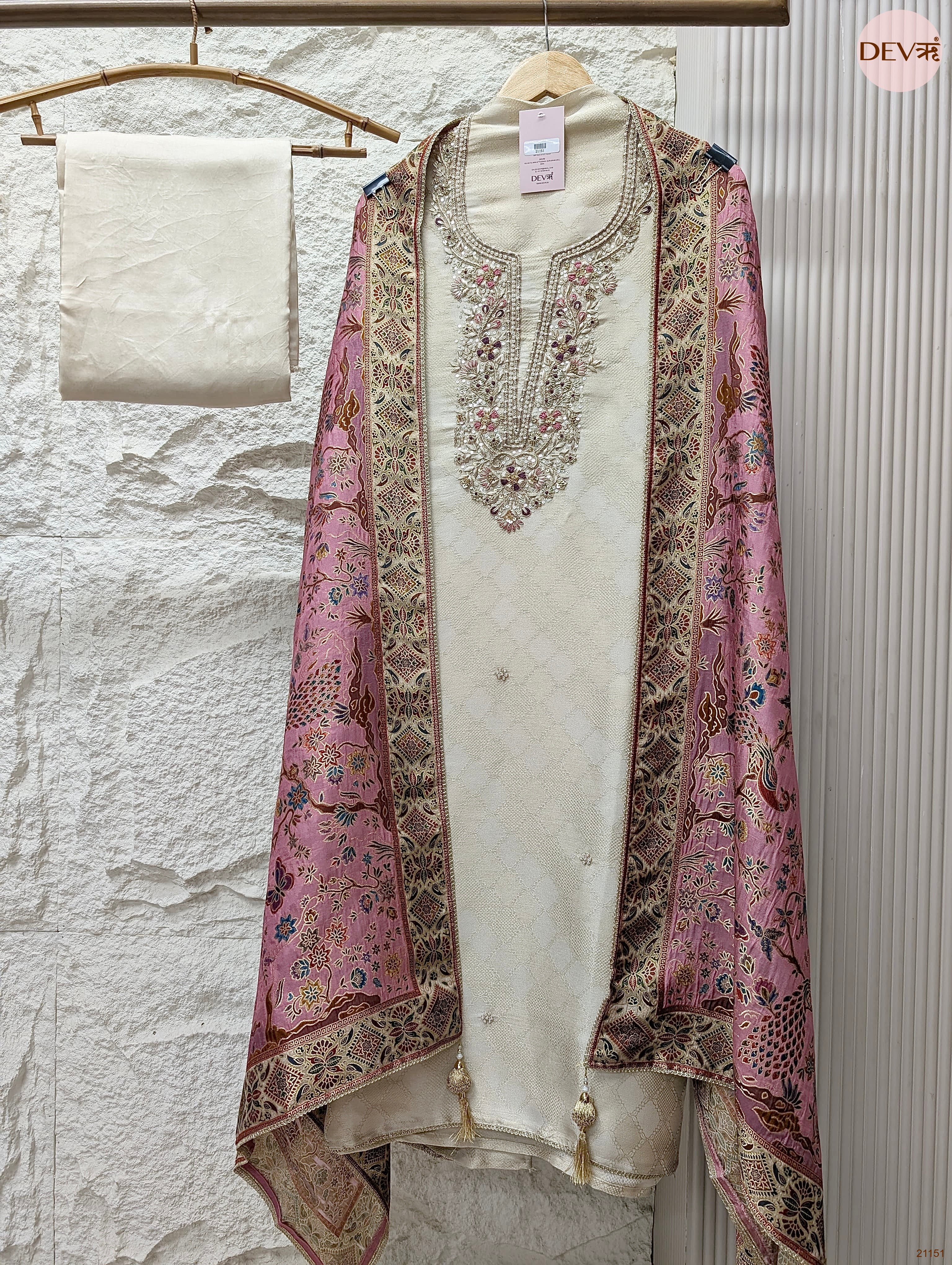 Cream Pure Banarasi Woven Silk Embroidered Unstitched 3-Piece Suit (Devri – D.No 21151)