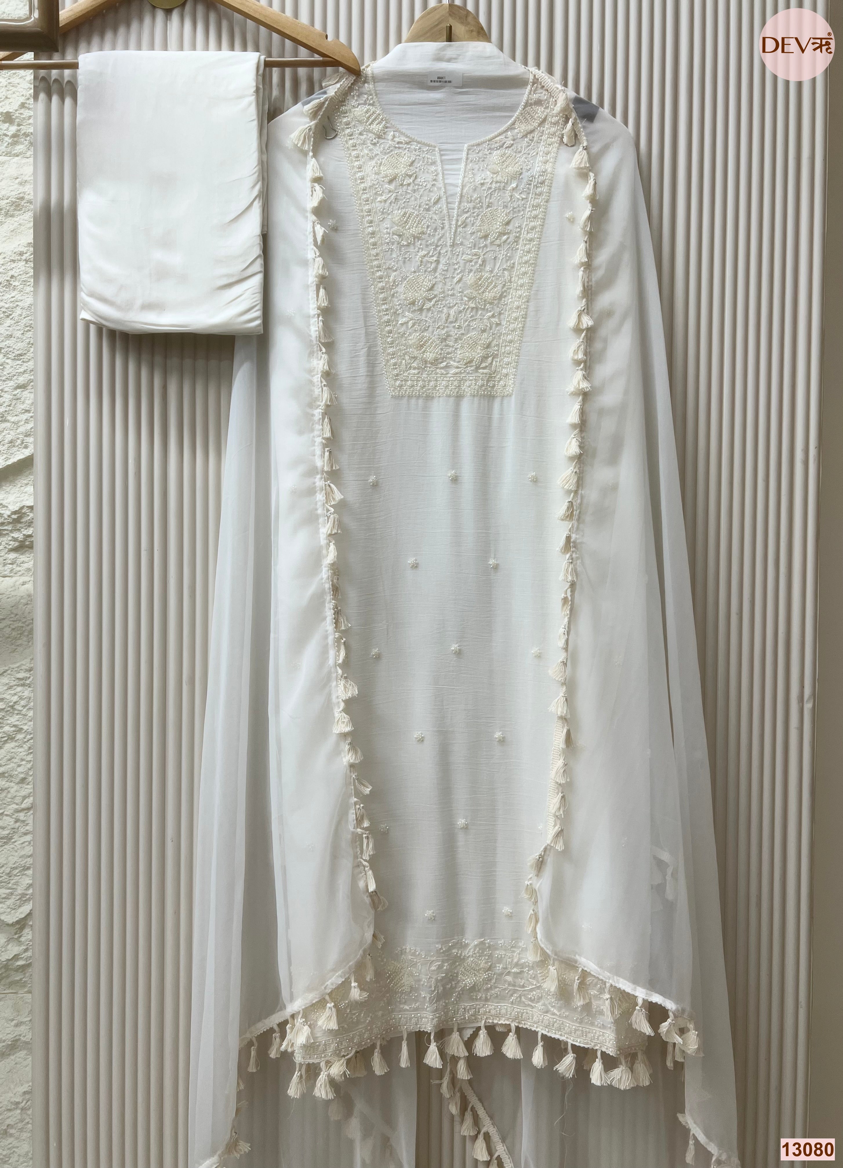 White Mul Cotton Embroidered Unstitched 3-Piece Suit (Devri – D.No 13080)