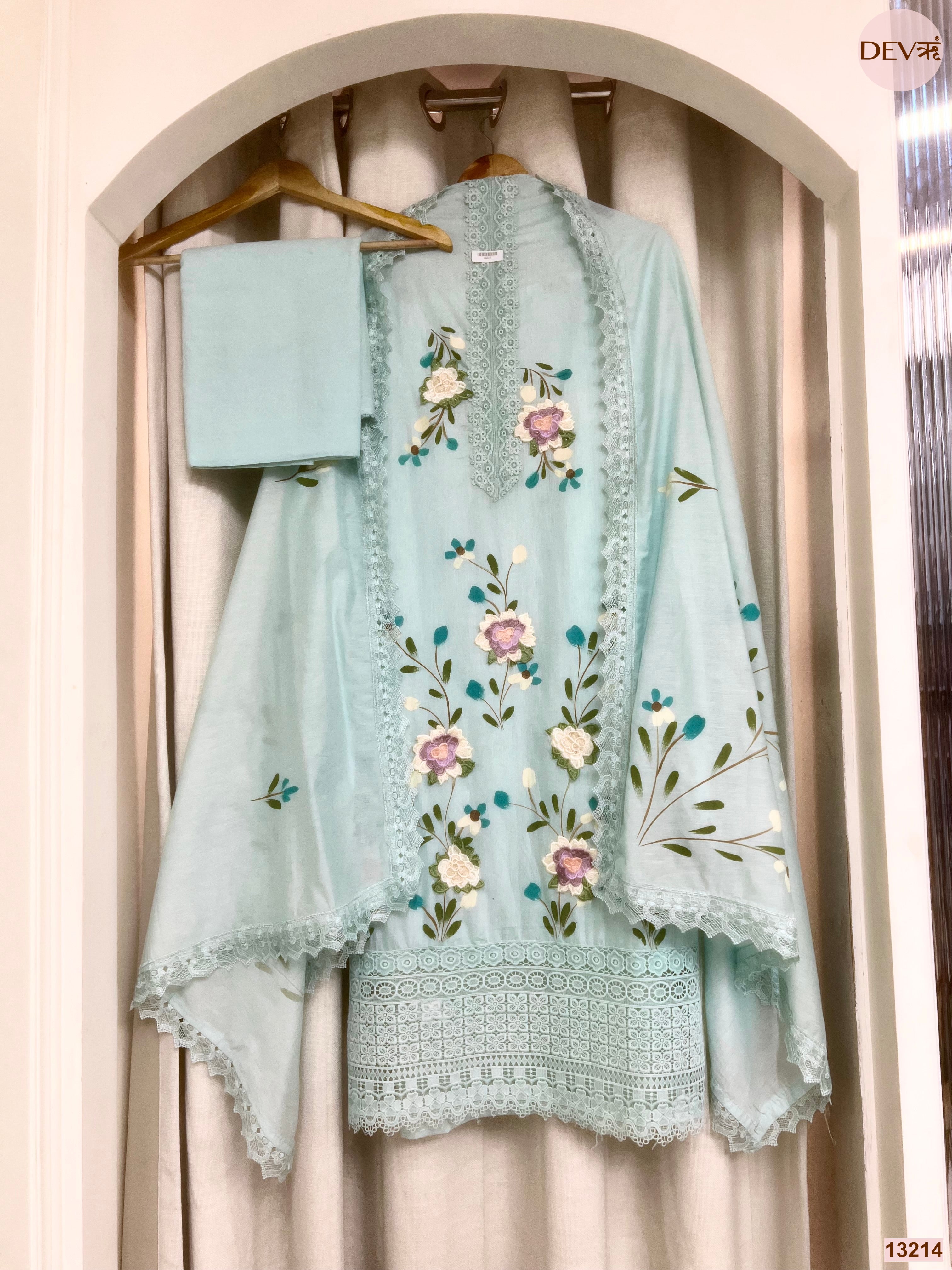 Blue Mul Chanderi Embroidered Unstitched 3-Piece Suit (Devri – D.No 13214)