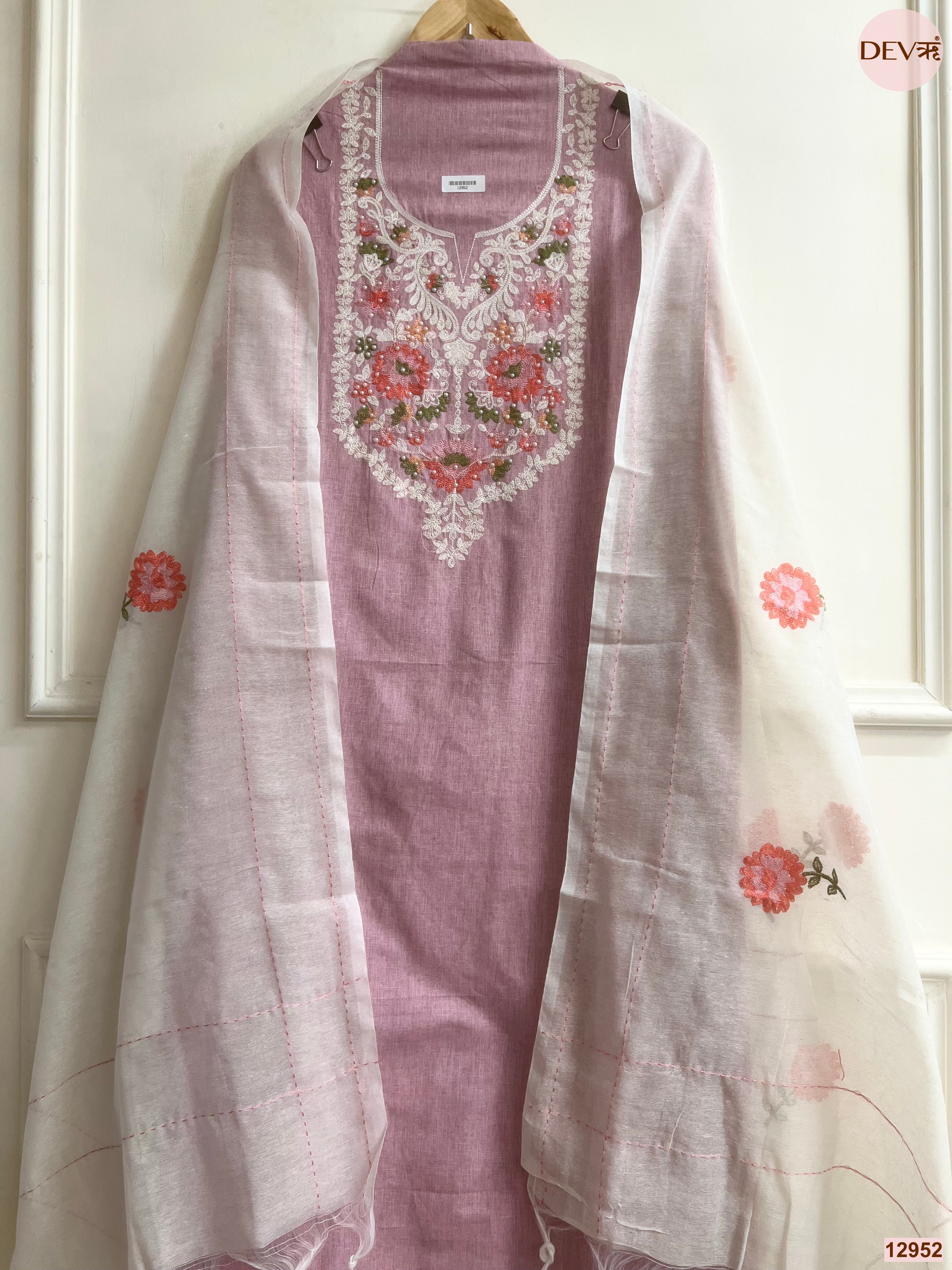 Pink Cotton Handloom Embroidered Unstitched 3-Piece Suit (Devri – D.No 12952)