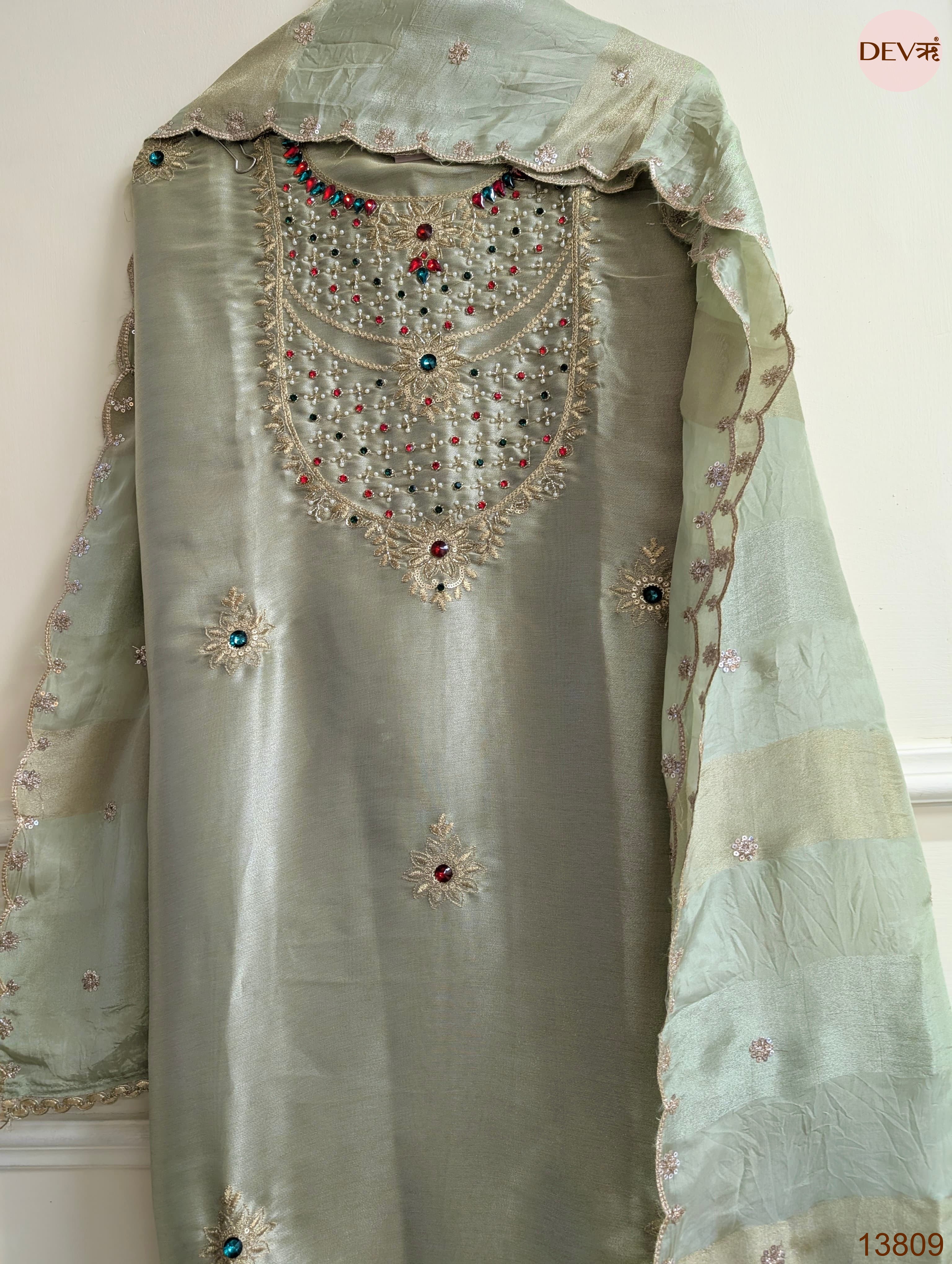 Sage Pure Tissue Giraffe Silk Embroidered Unstitched 3-Piece Suit (Devri – D.No 13809)