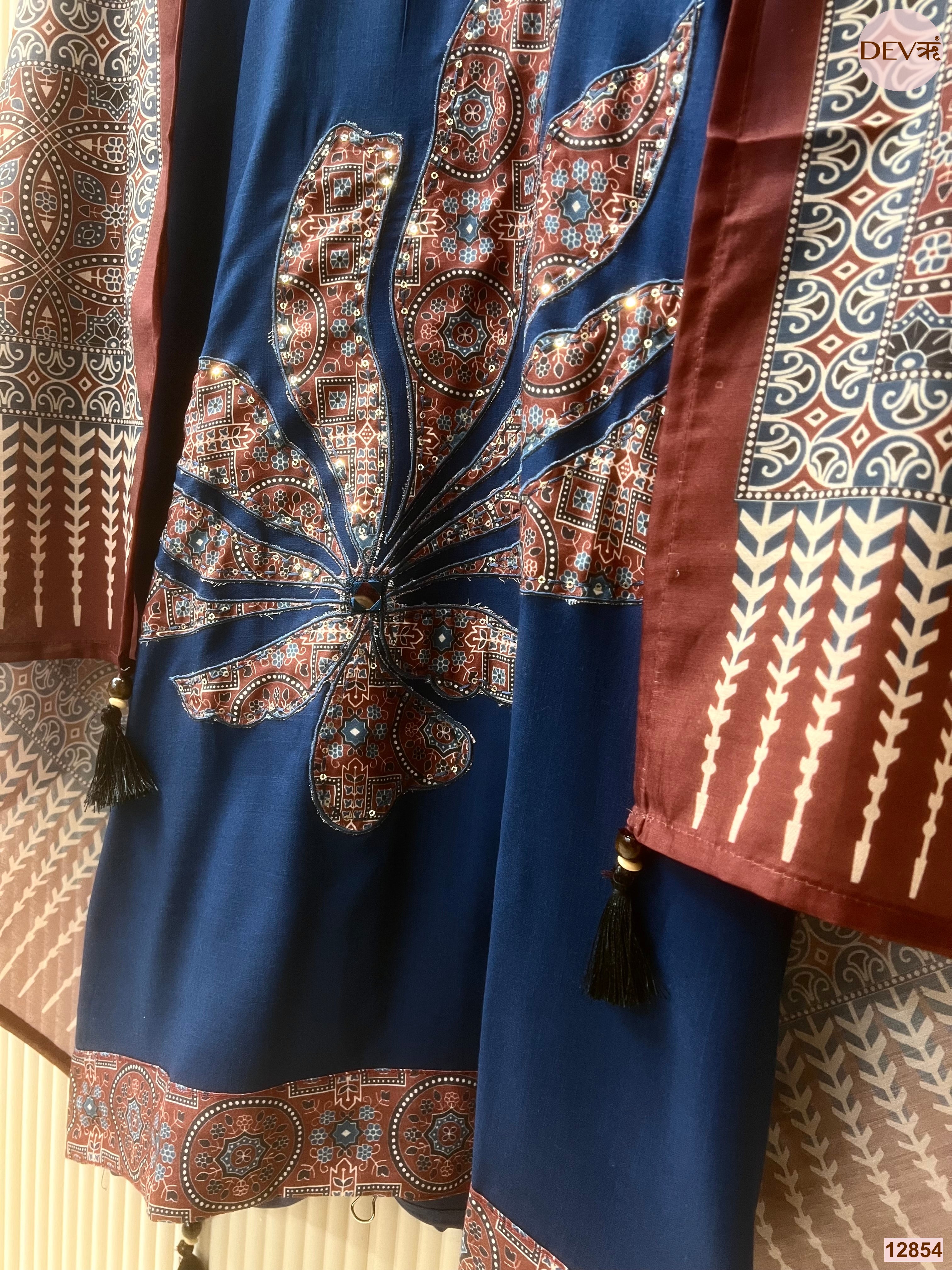 Blue Reyon Printed Unstitched 3-Piece Suit (Devri – D.No 12854)