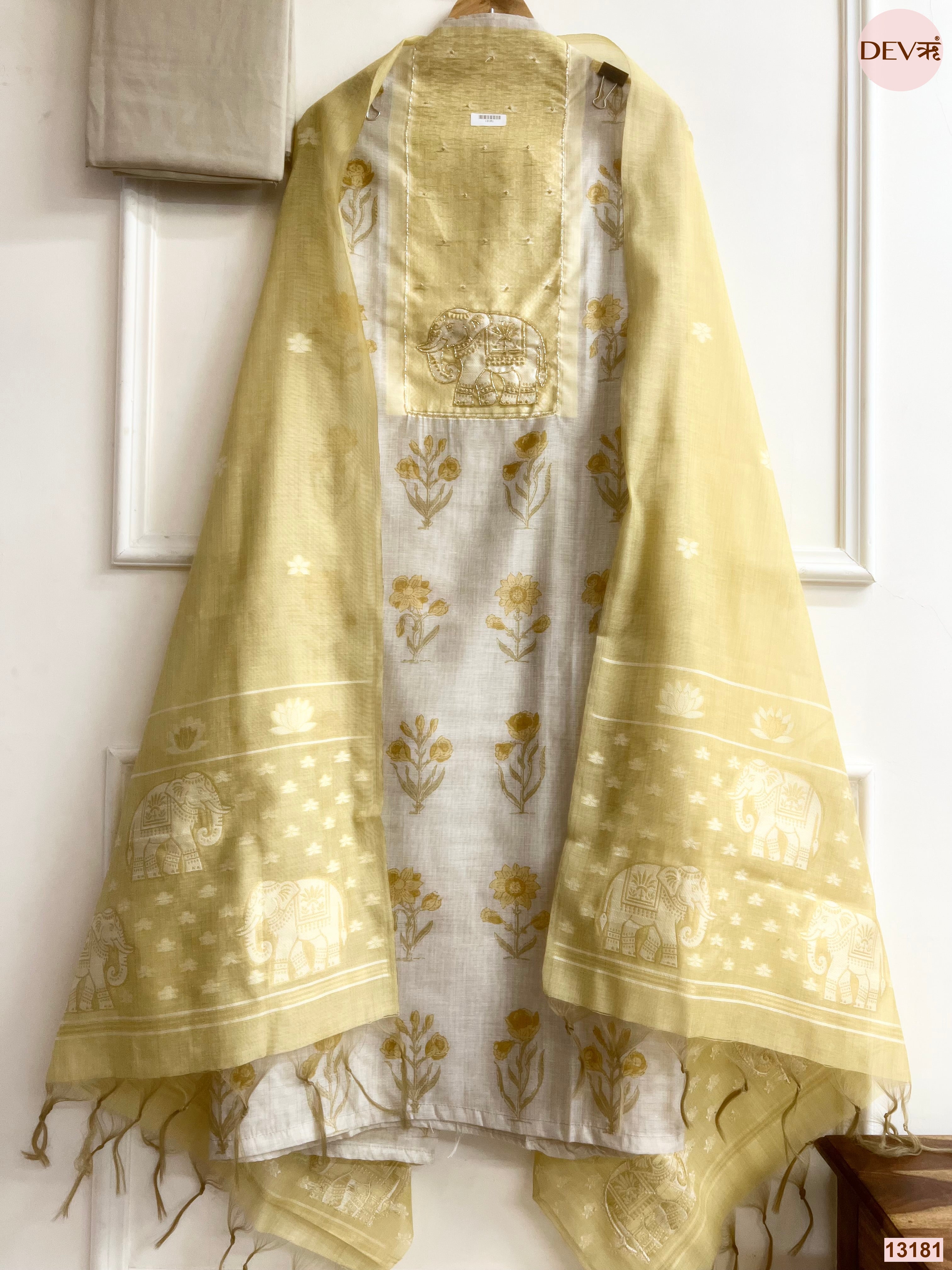 Yellow Mul Chanderi Printed Unstitched 3-Piece Suit (Devri – D.No 13181)