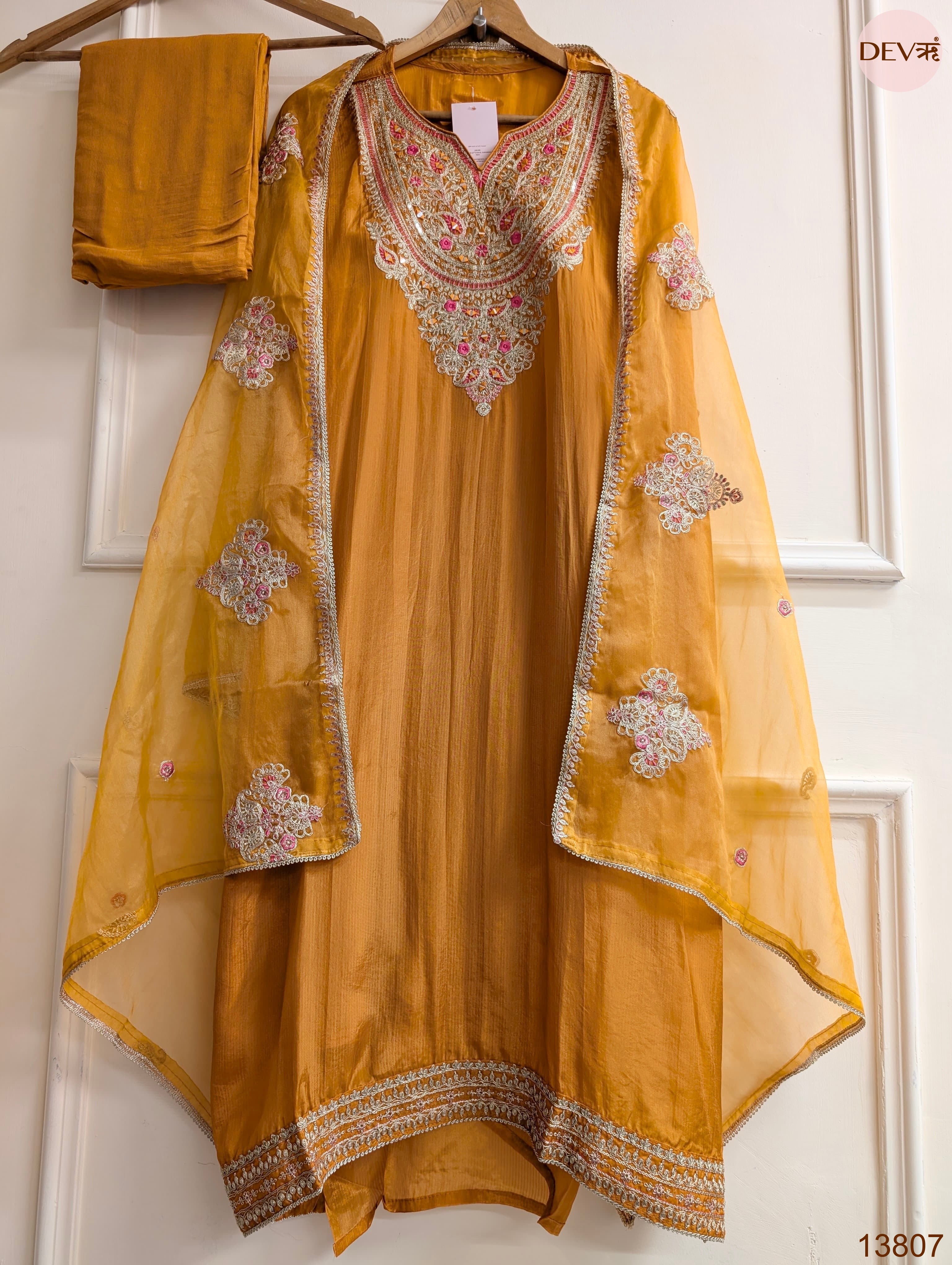 Mustard Tissue Organza Silk Embroidered Unstitched 3-Piece Suit (Devri – D.No 13807)