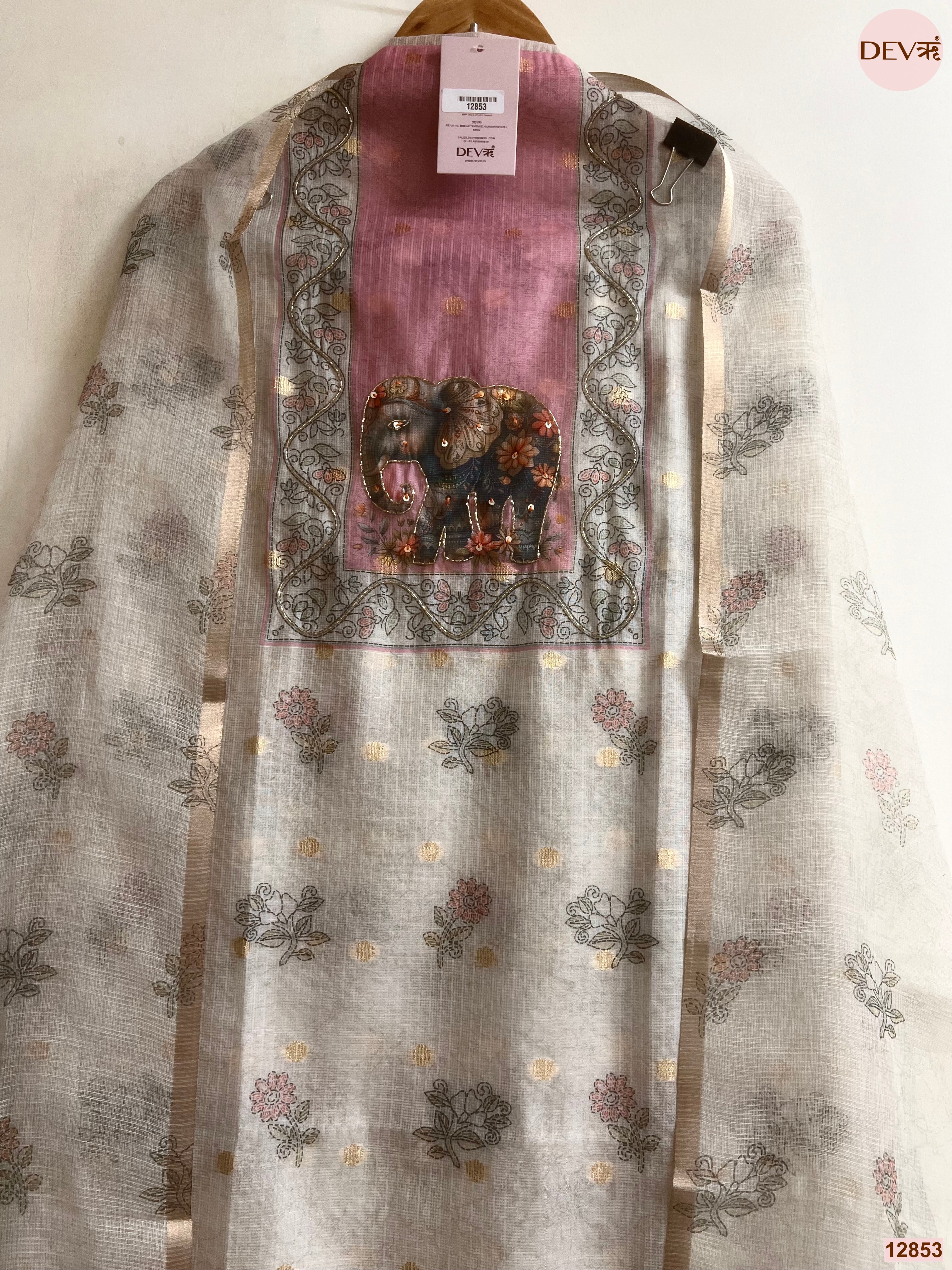 Pink Linen Cotton Printed Unstitched 3-Piece Suit (Devri – D.No 12853)
