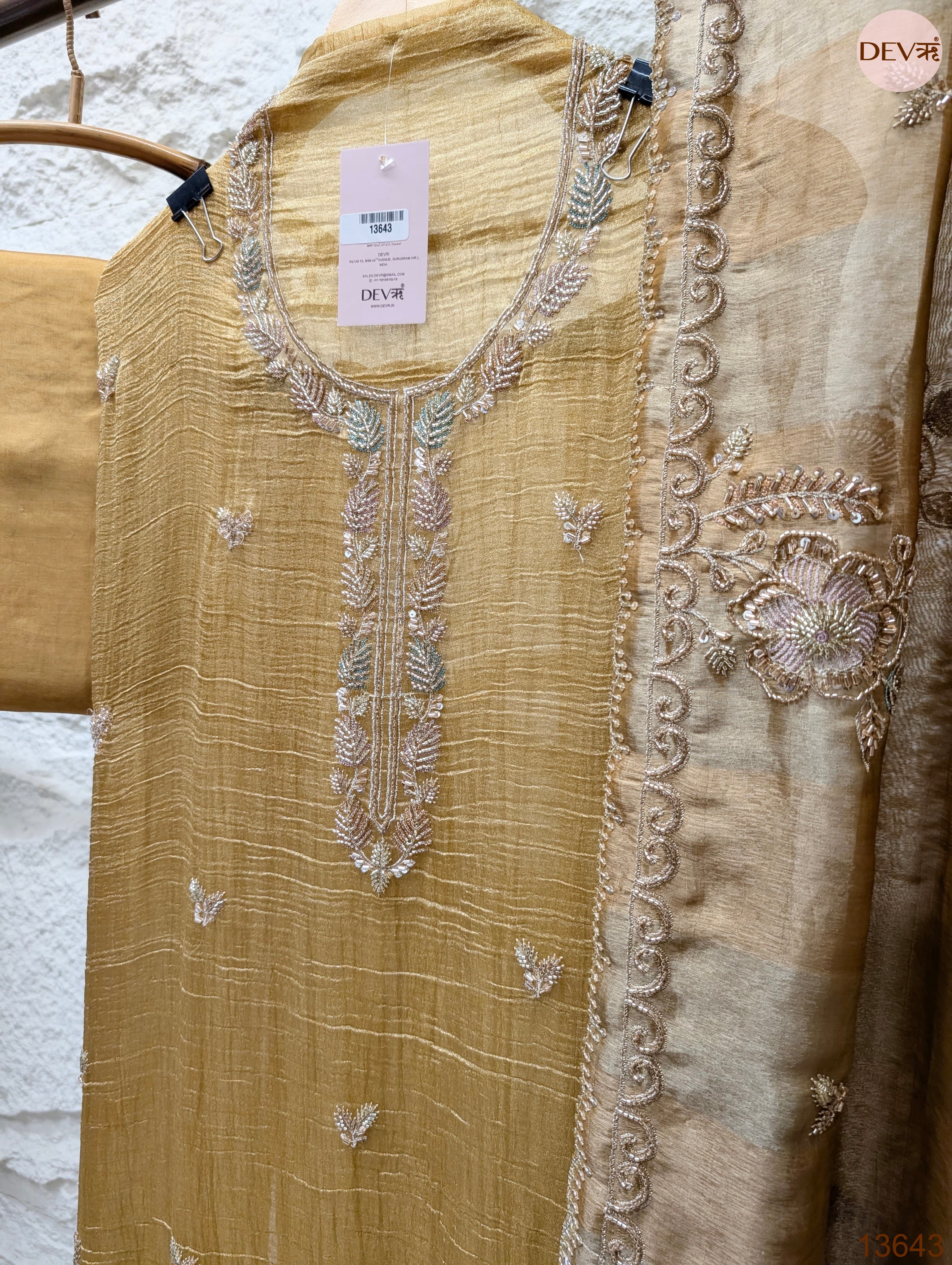 Mustard Tissue Crush Silk Embroidered Unstitched 3-Piece Suit (Devri – D.No 13643)