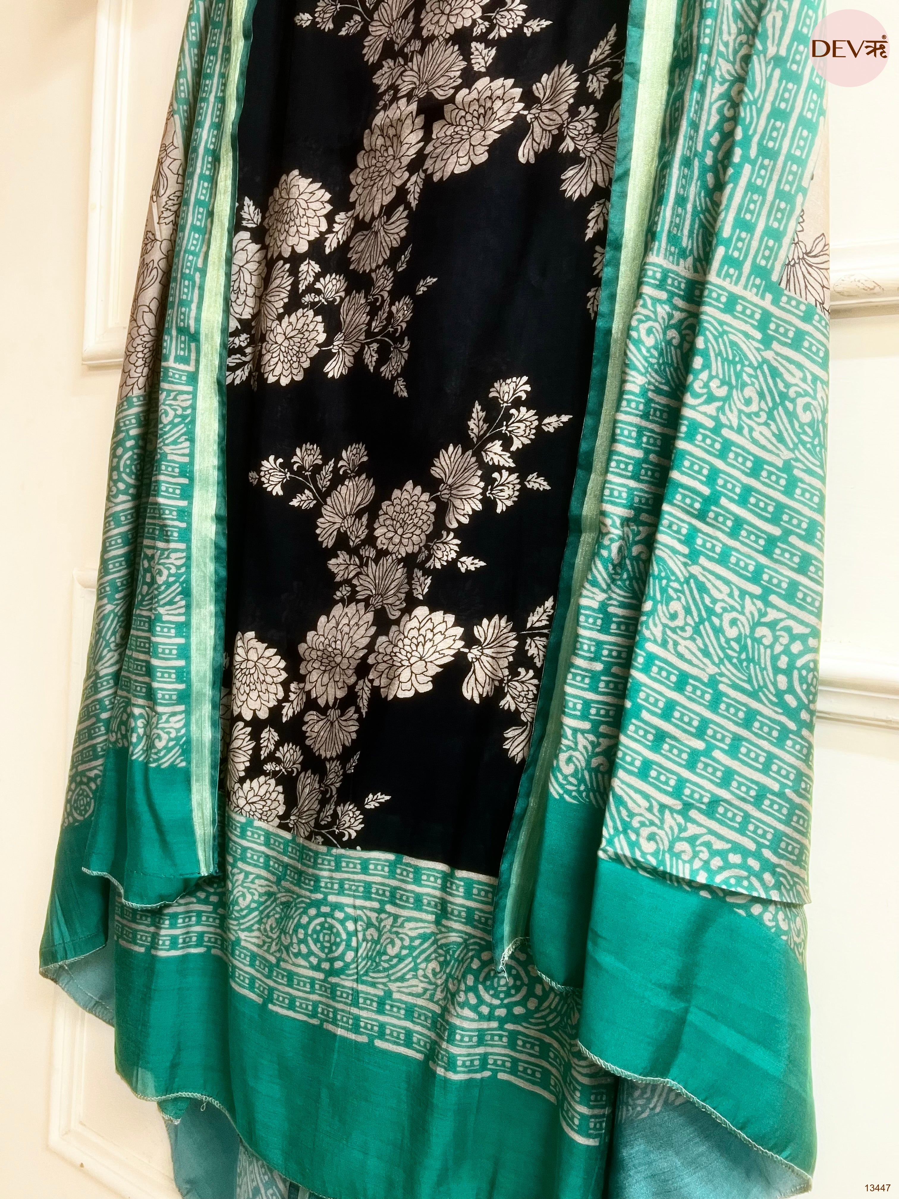 Black Maheshwari Silk Printed Unstitched 3-Piece Suit (Devri – D.No 13447)