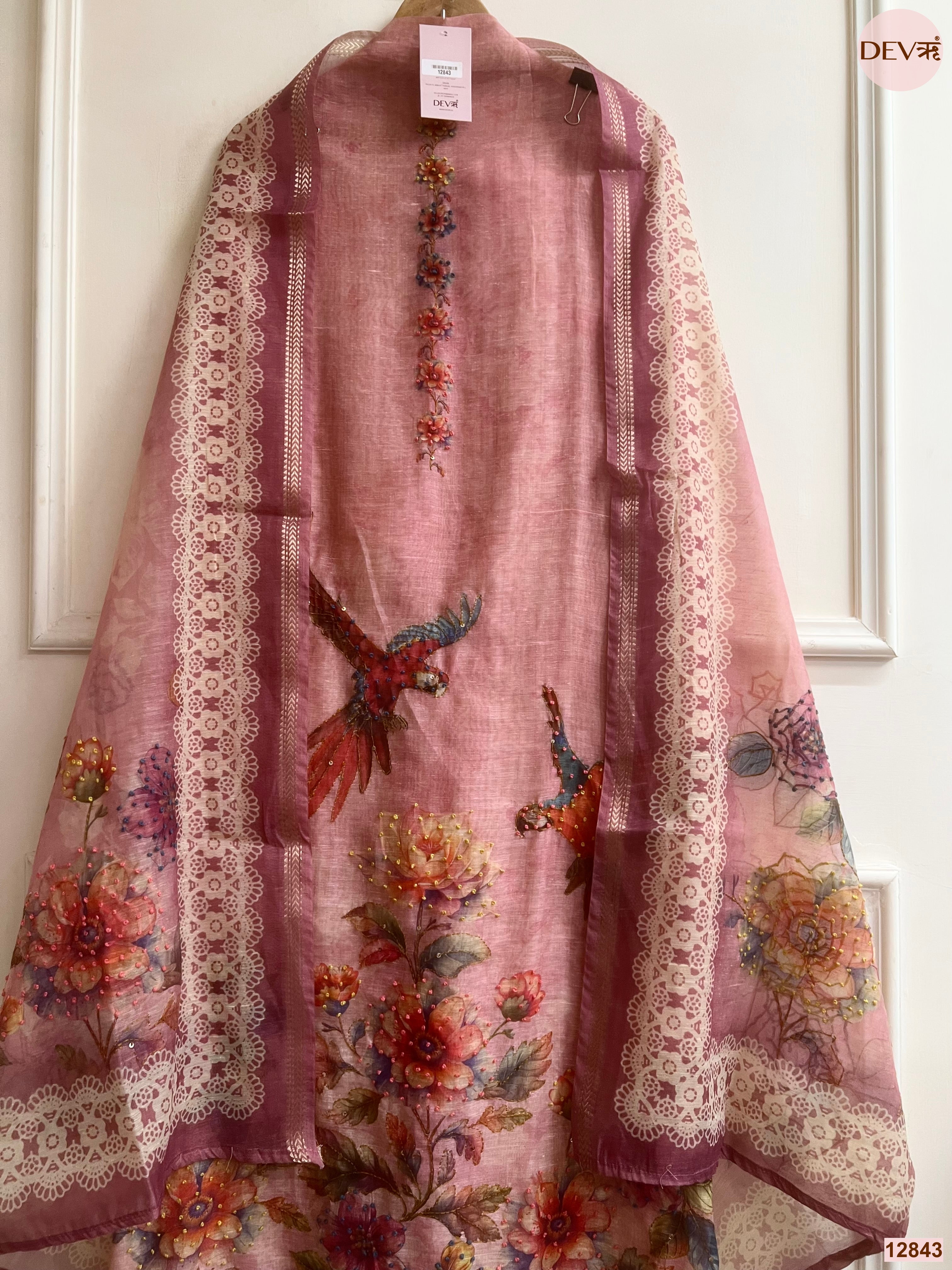 Pink Mul Chanderi Printed Unstitched 3-Piece Suit (Devri – D.No 12843)