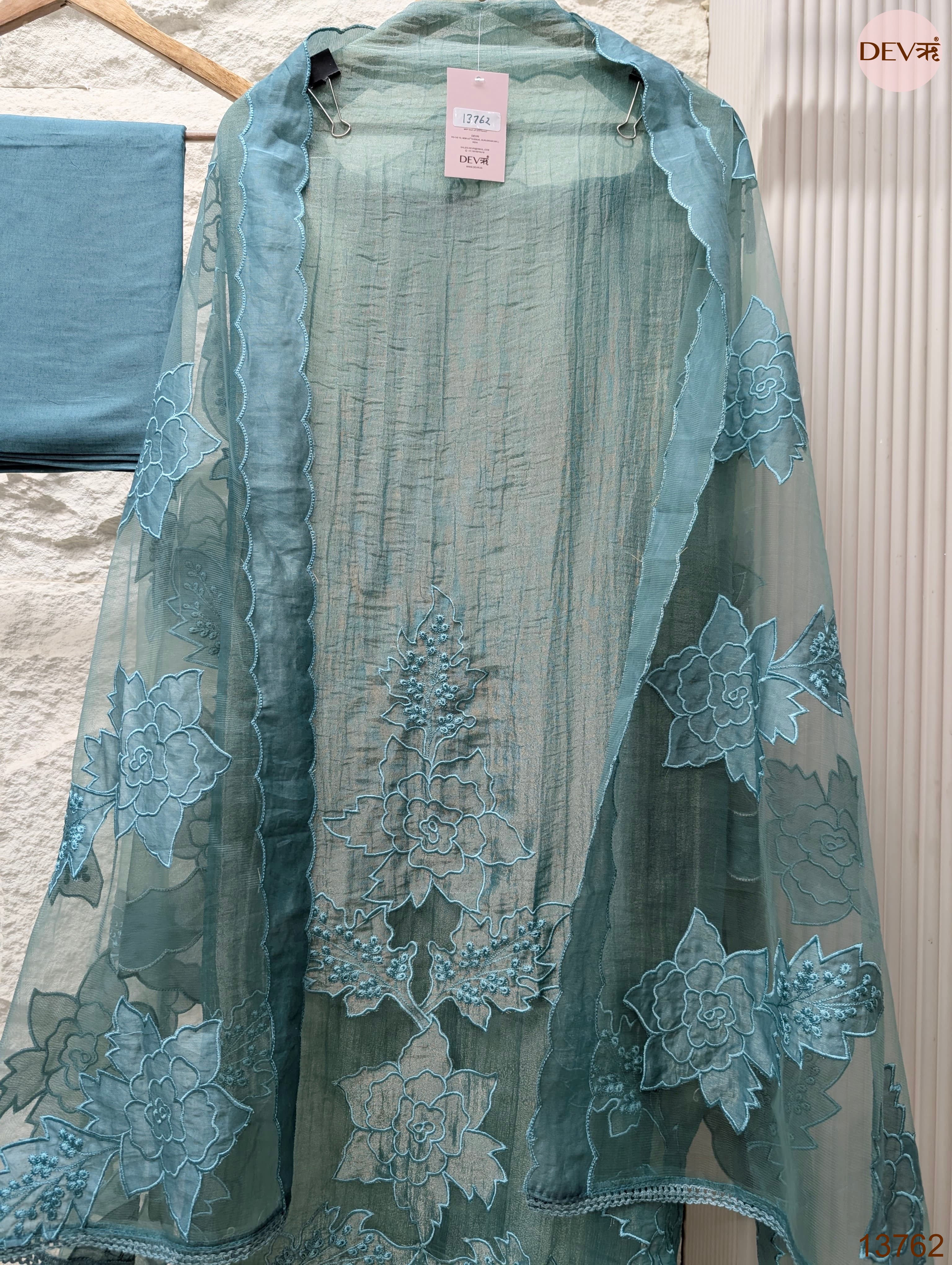 Teal Tissue Silk Embroidered Unstitched 3-Piece Suit (Devri – D.No 13762)