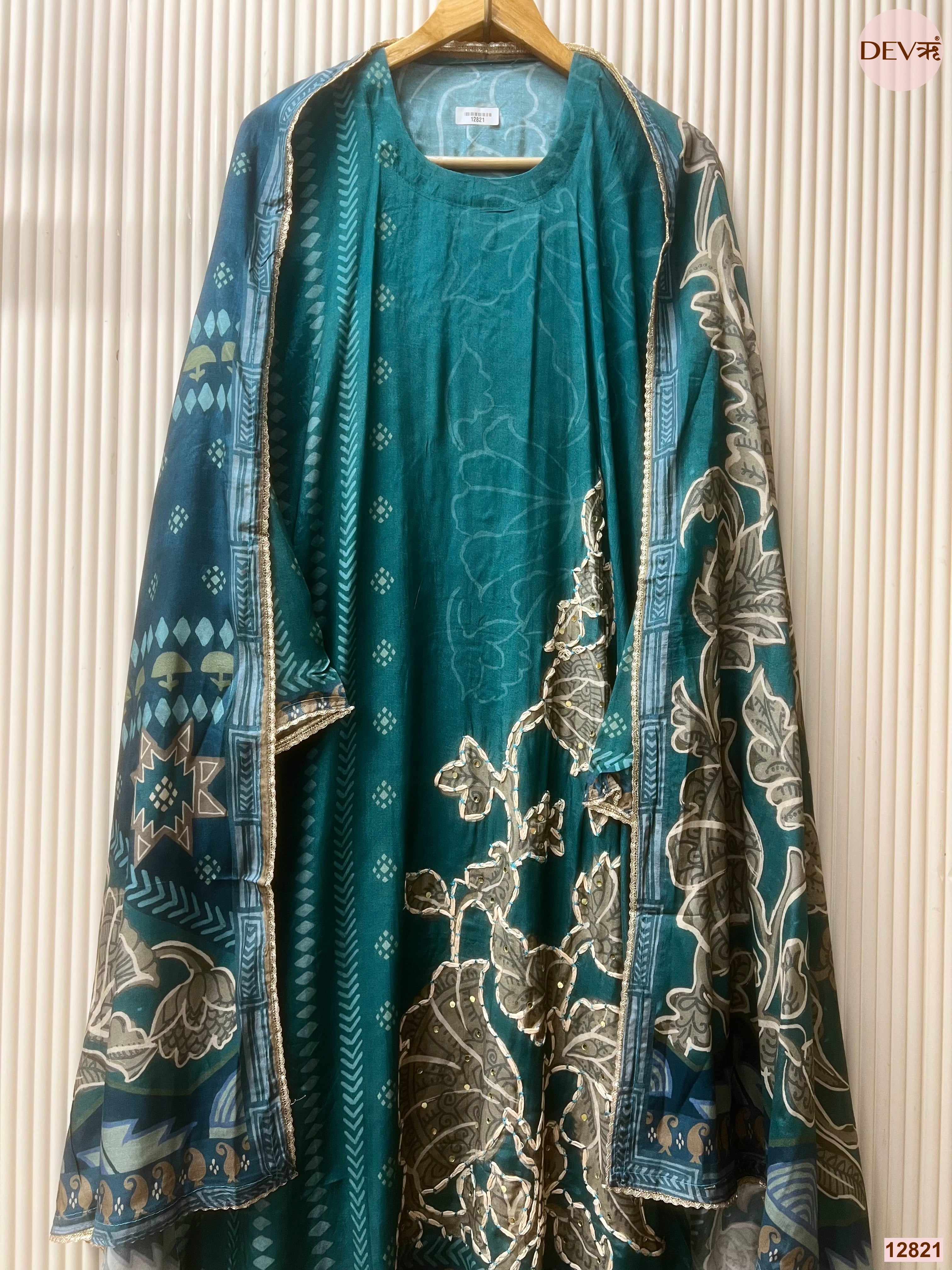 Teal Muslin Printed Unstitched 3-Piece Suit (Devri – D.No 12821)