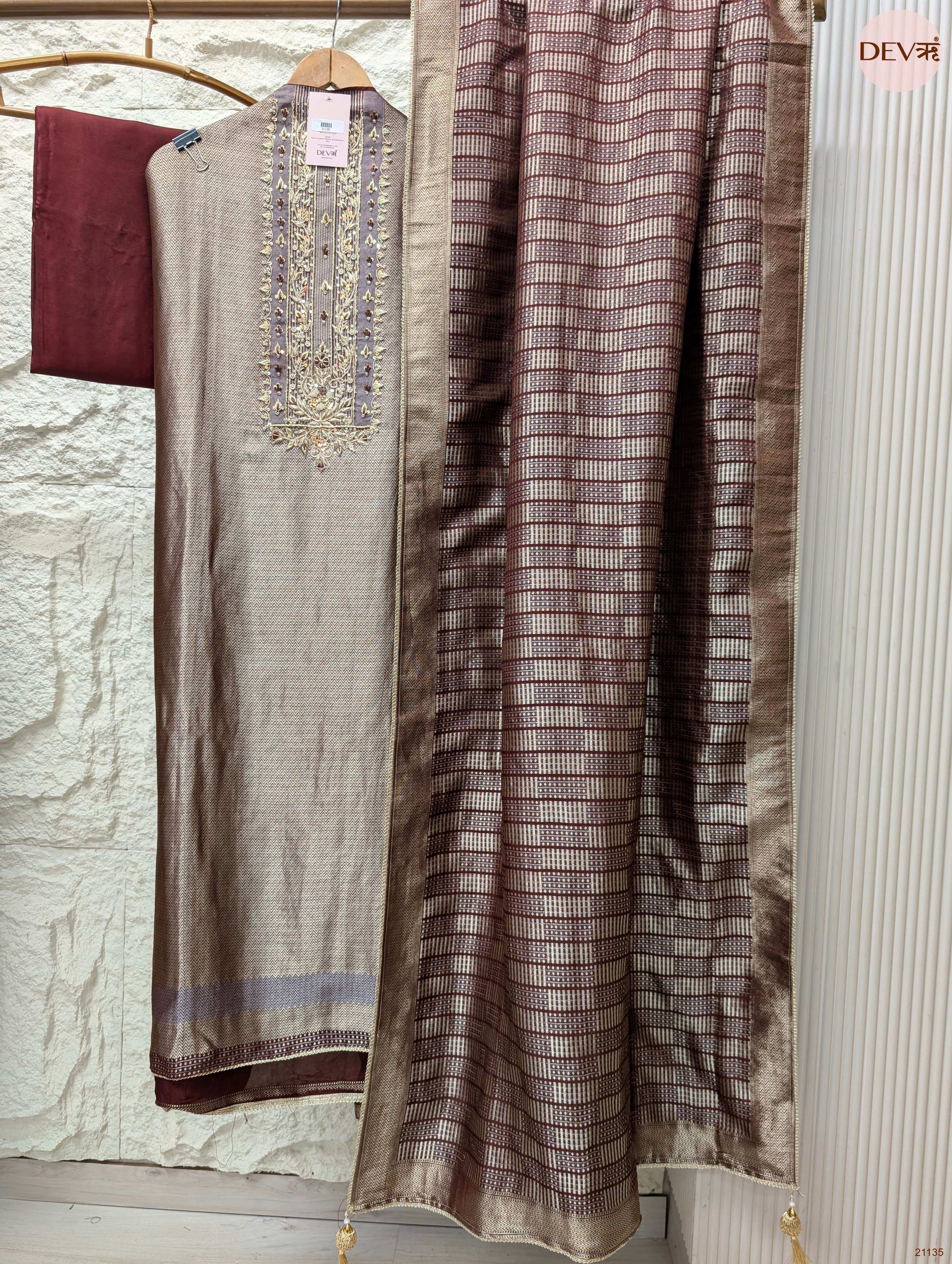 Brown Pure Giraffe Banarasi Silk Embroidered Unstitched 3-Piece Suit (Devri – D.No 21135)
