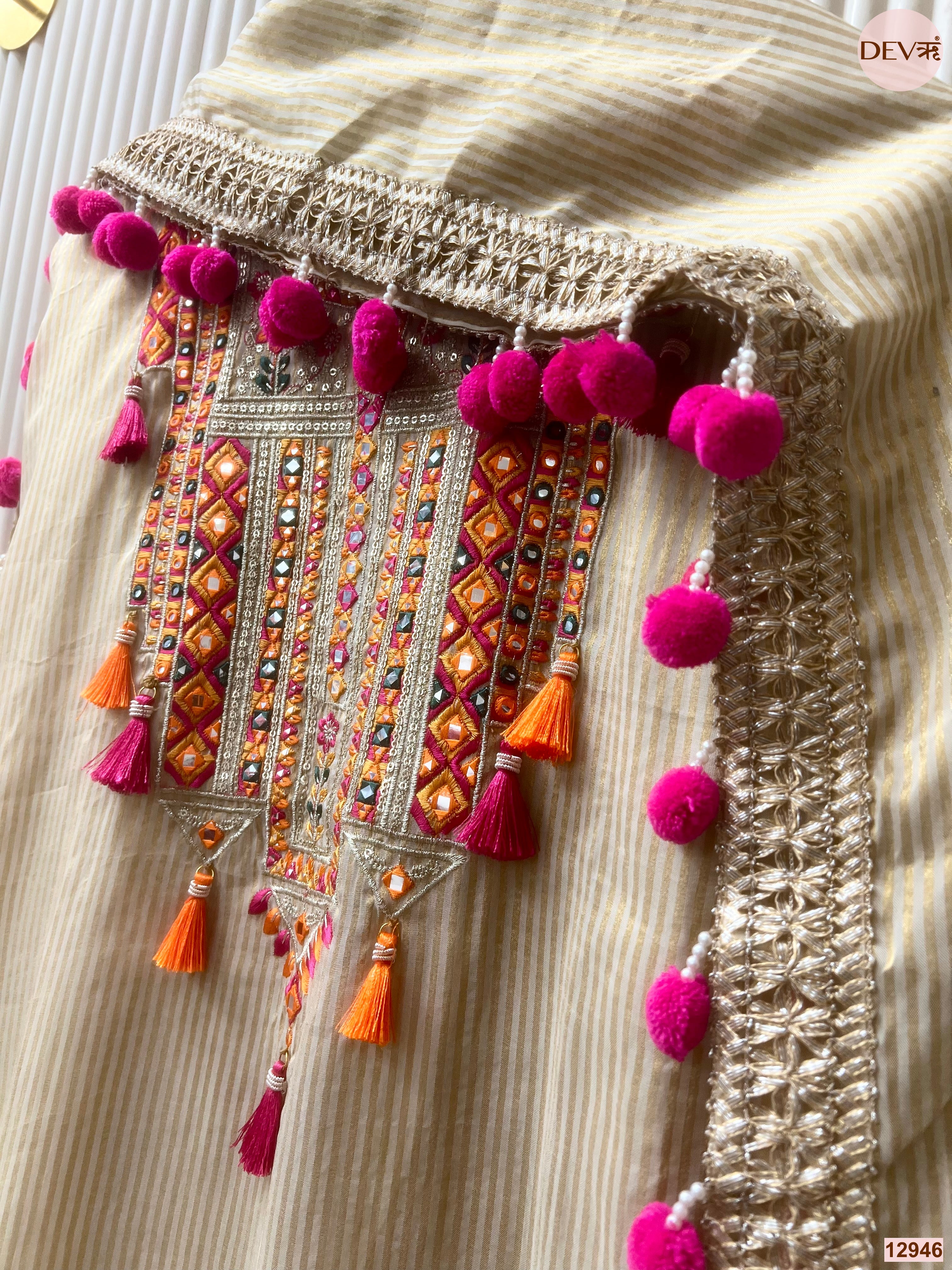 Cream Tissue Silk Embroidered Unstitched 3-Piece Suit (Devri – D.No 12946)