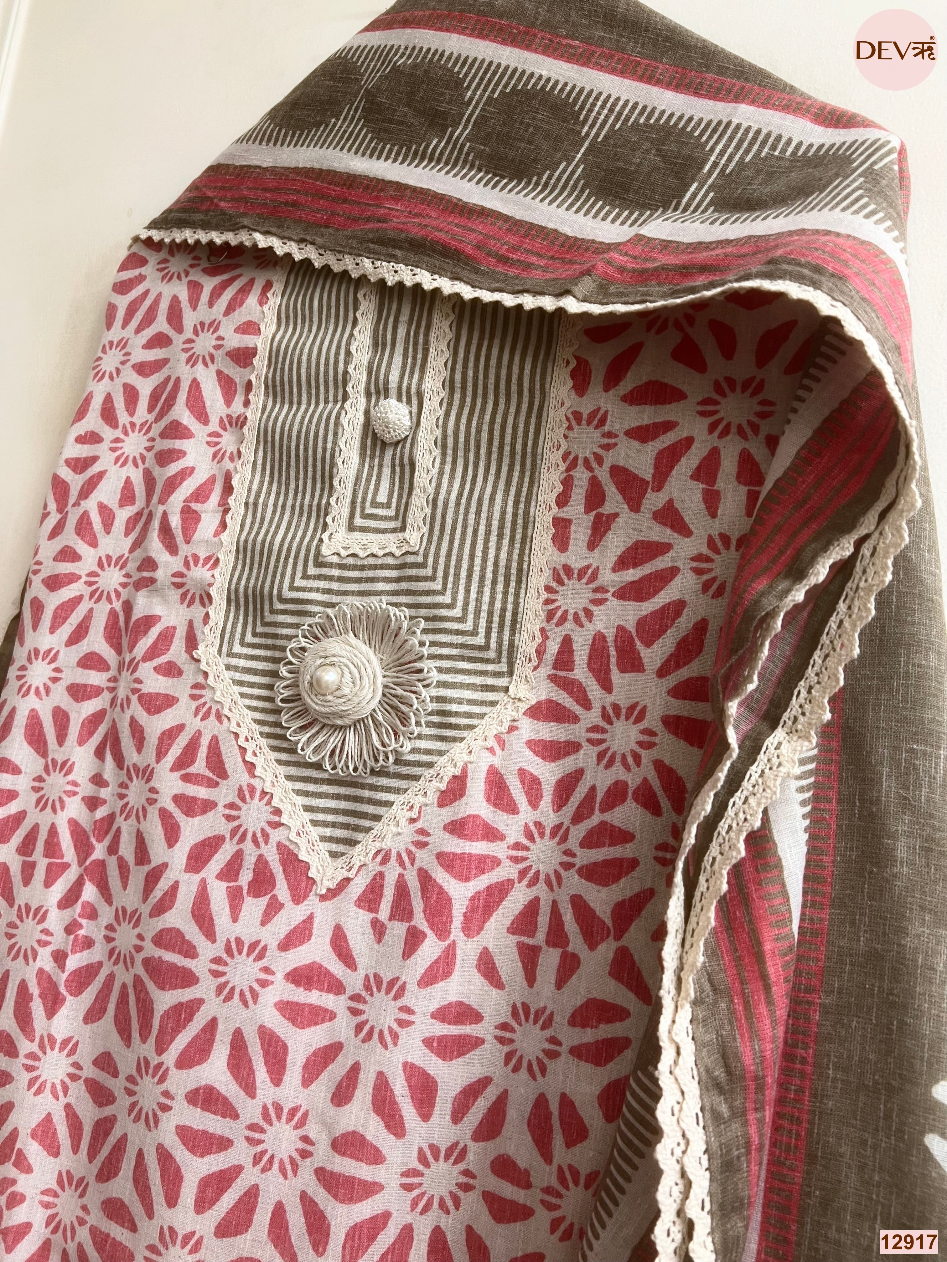 Pink Cotton Khadi Printed Unstitched 3-Piece Suit (Devri – D.No 12917)