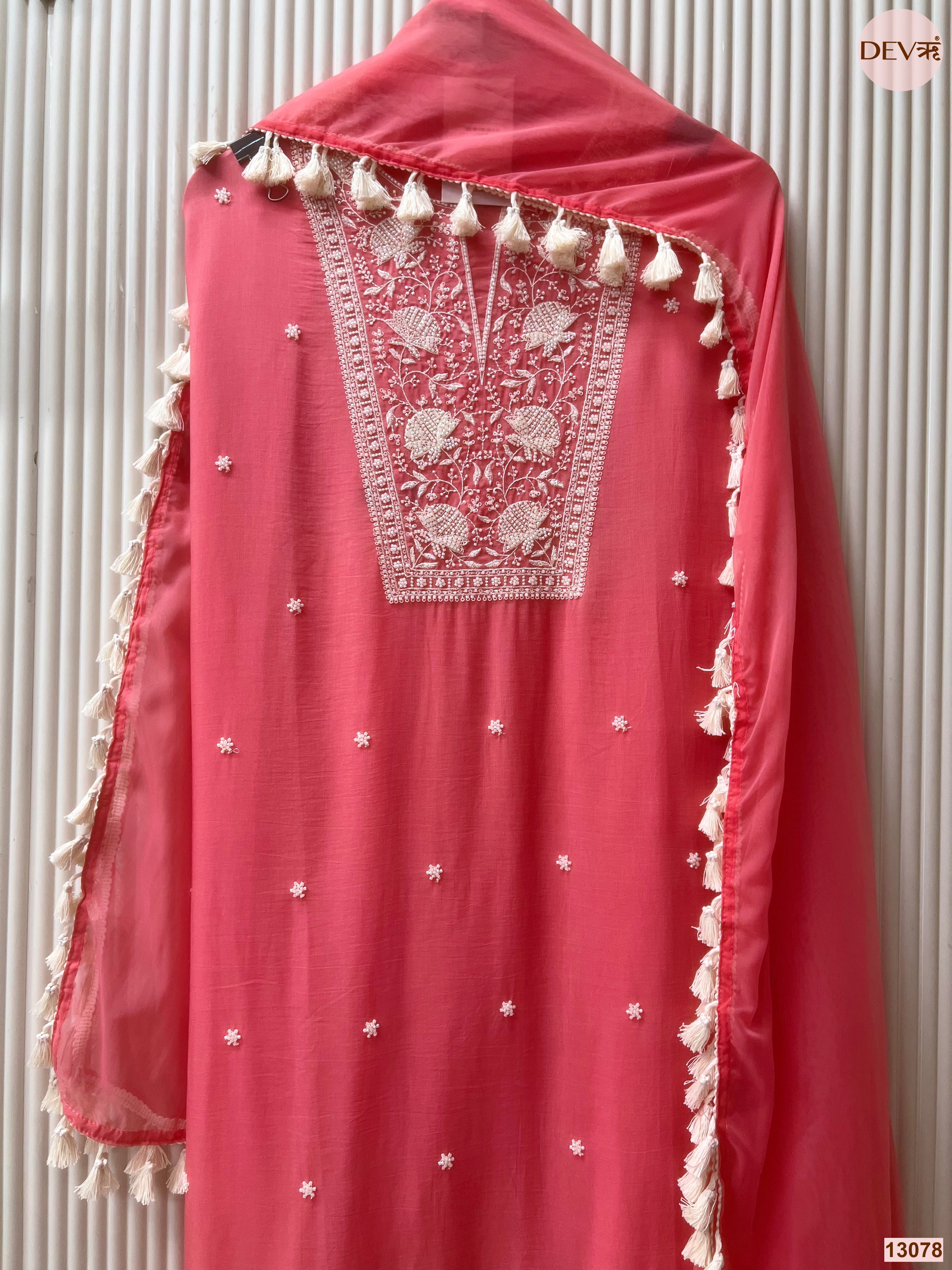 Pink Mul Cotton Embroidered Unstitched 3-Piece Suit (Devri – D.No 13078)