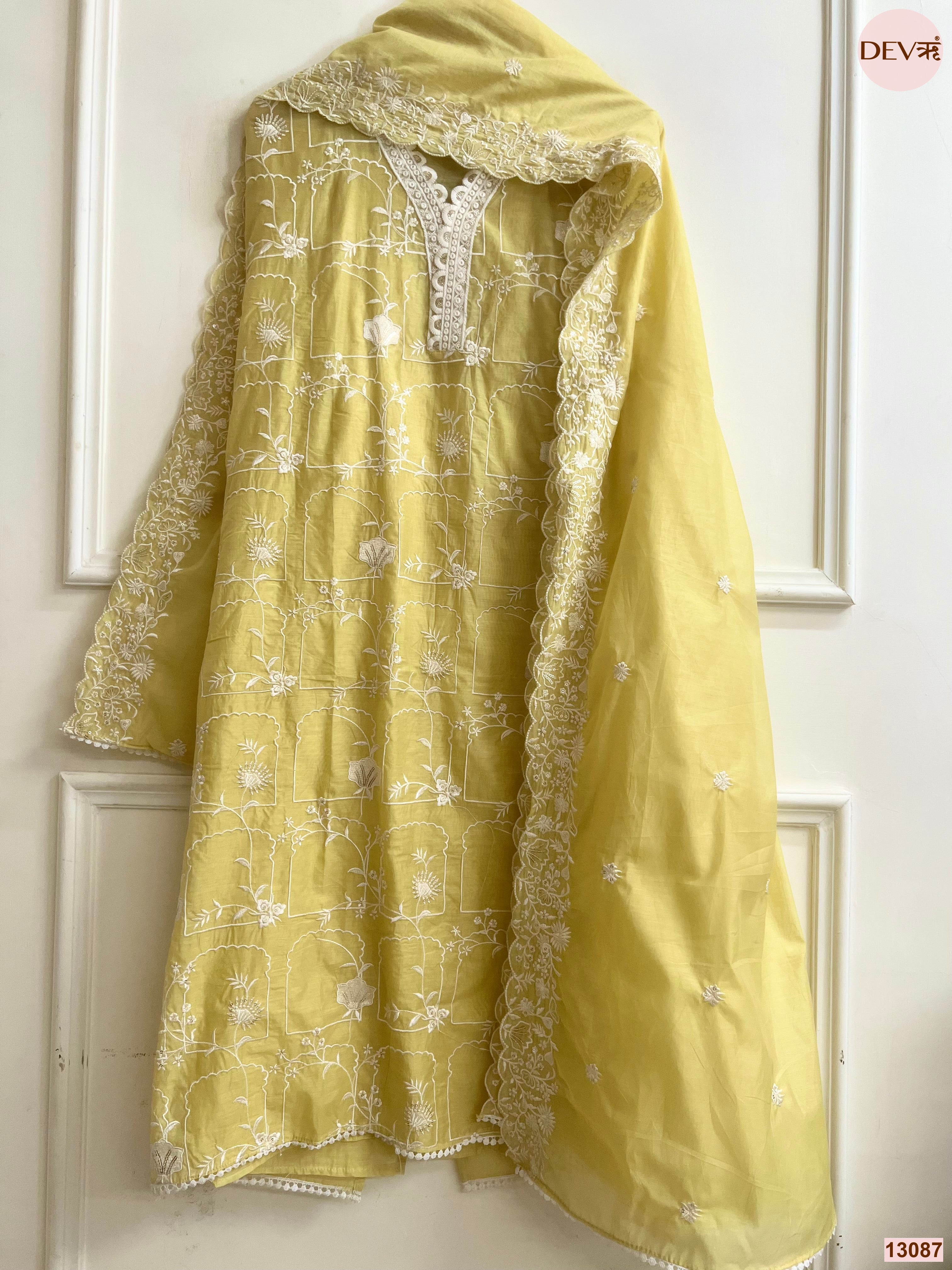 Yellow Mul Chanderi Embroidered Unstitched 3-Piece Suit (Devri – D.No 13087)