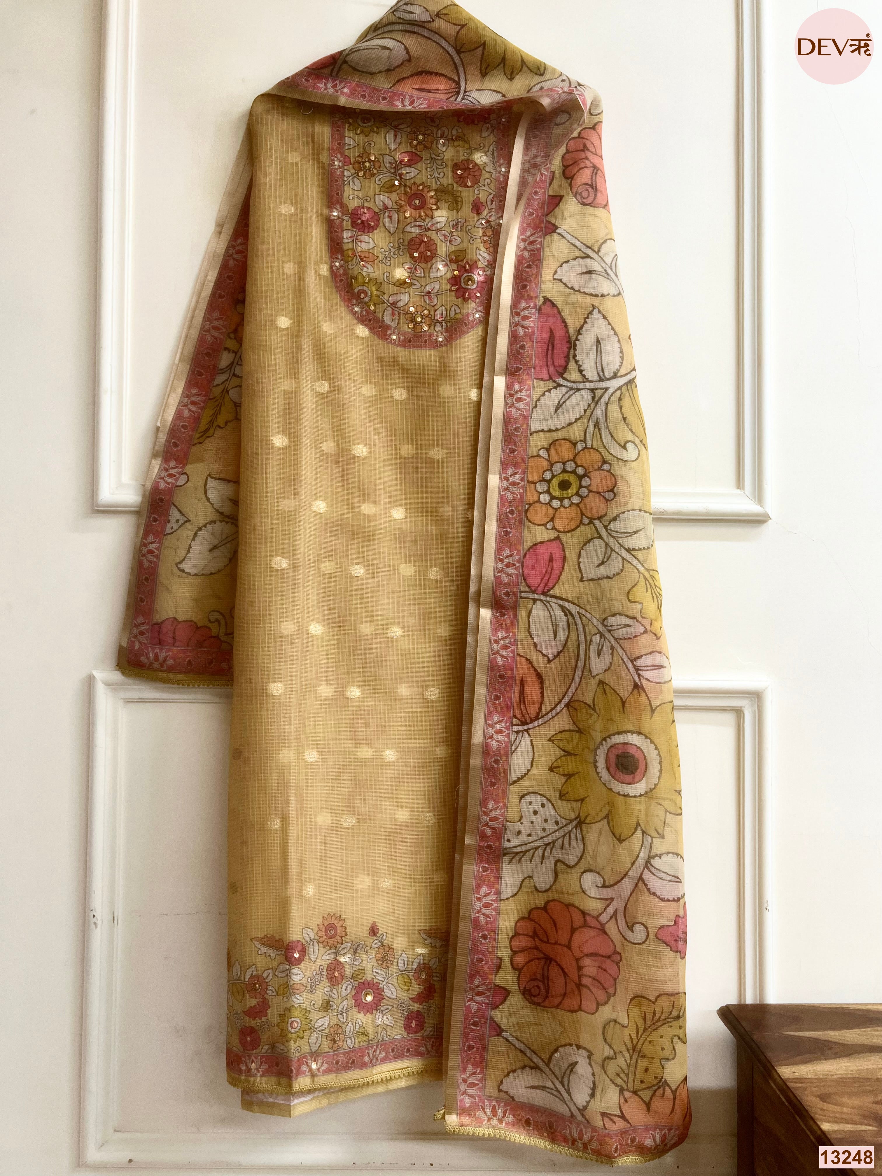 Beige Kota Printed Unstitched 3-Piece Suit (Devri – D.No 13248)