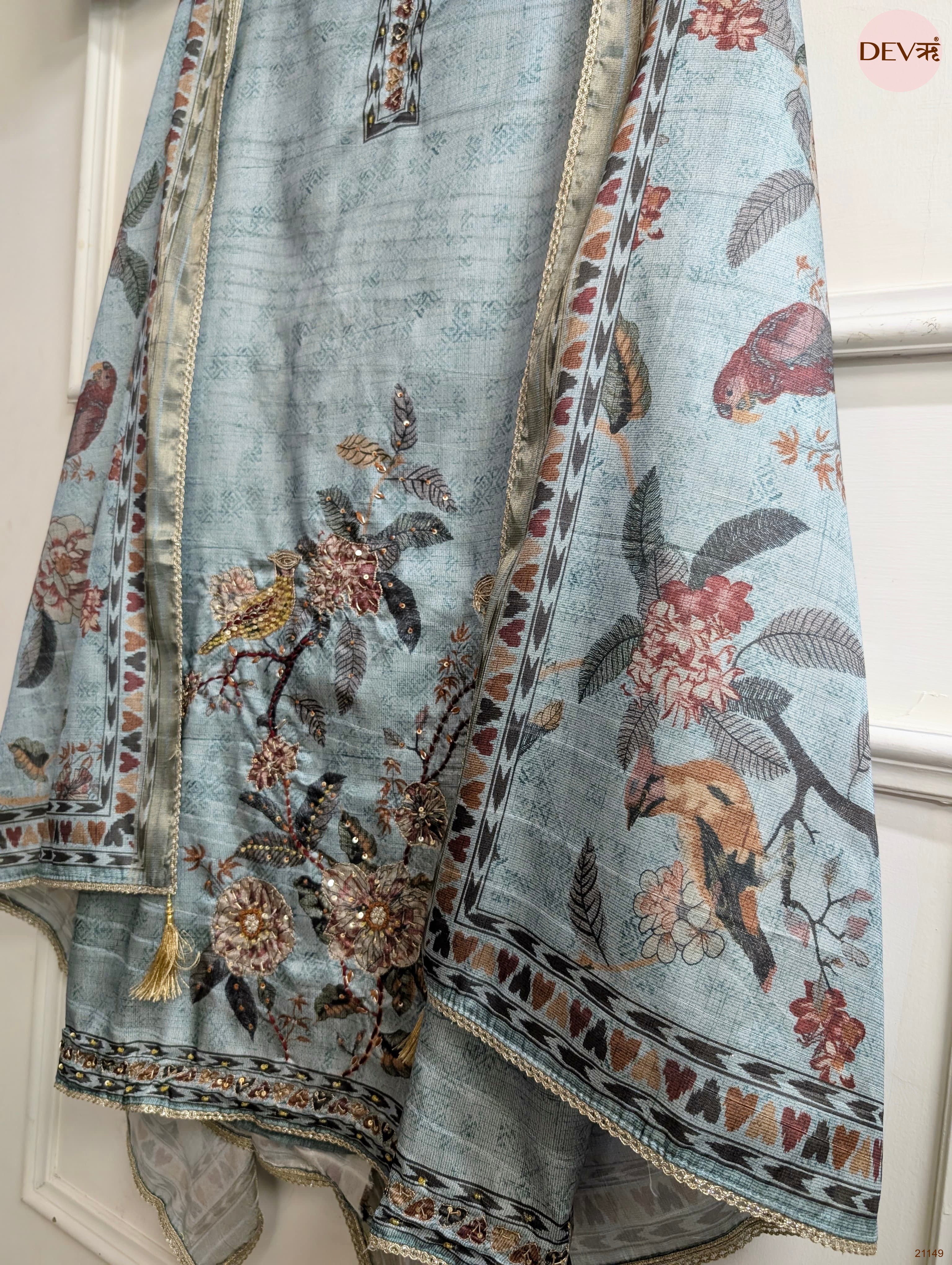 Blue Mul Chanderi Silk Printed Unstitched 3-Piece Suit (Devri – D.No 21149)