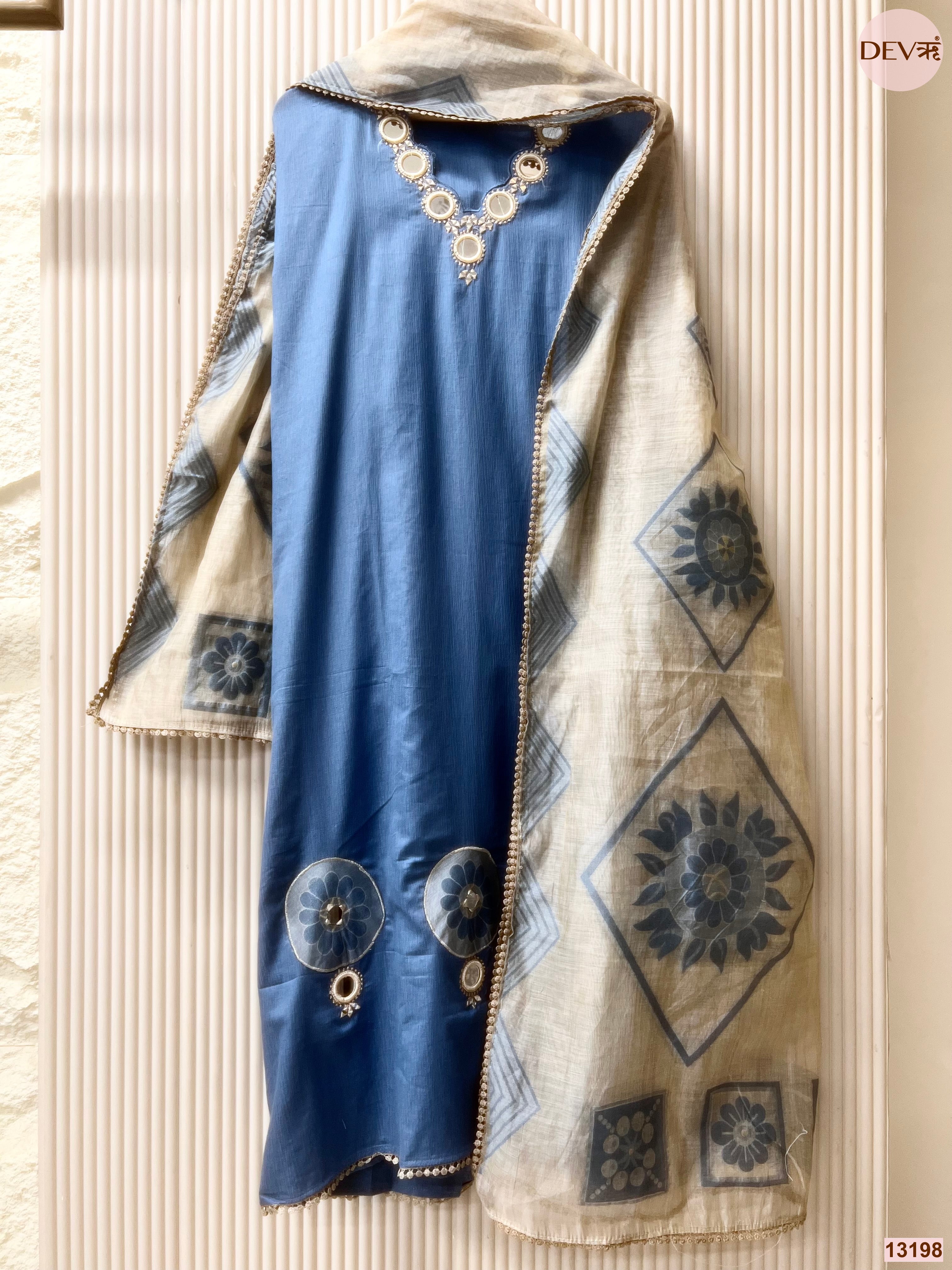 Blue Jamdani Cotton Hand Unstitched 3-Piece Suit (Devri – D.No 13198)