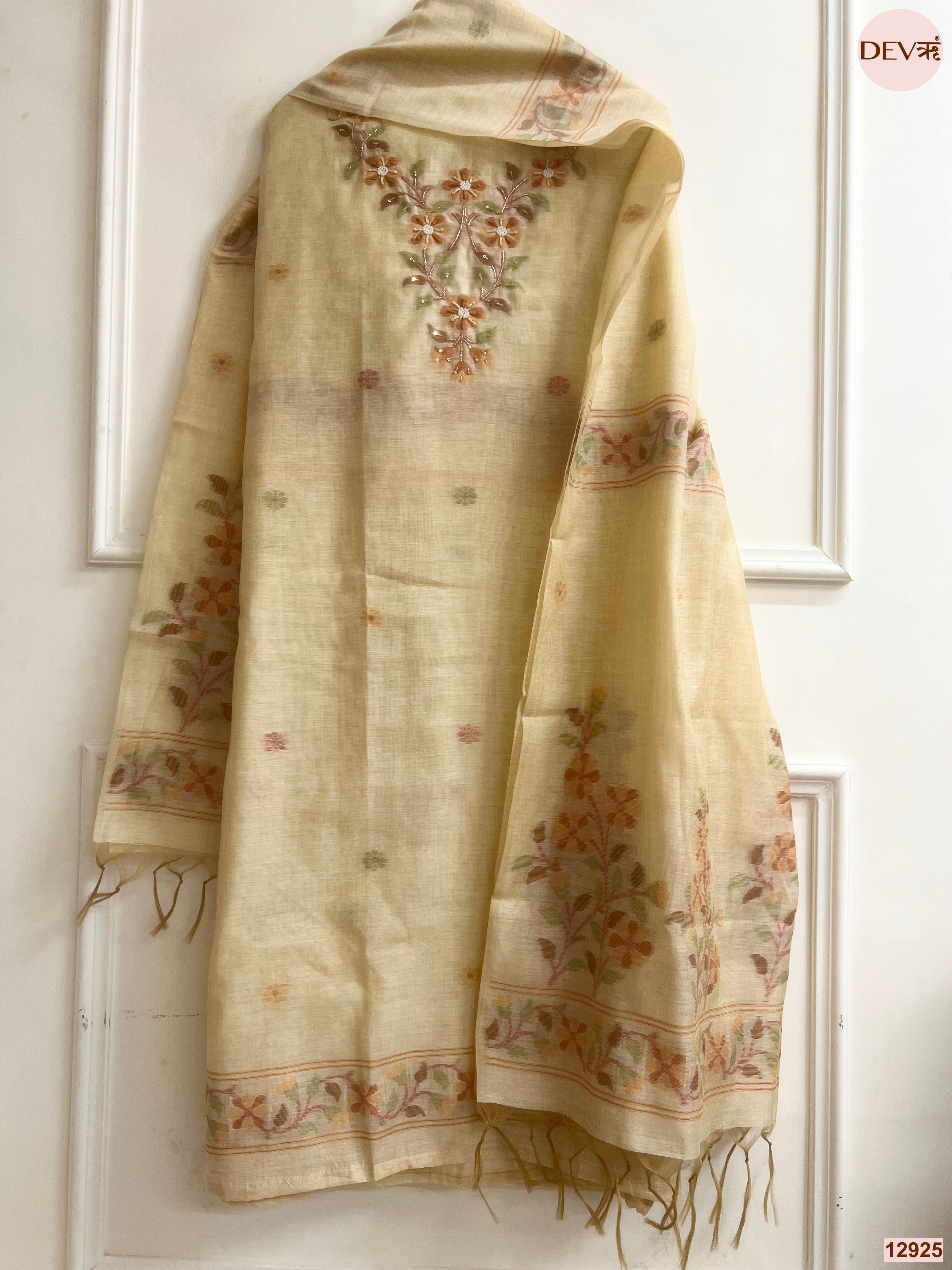 Cream Jamdani Cotton Embroidered Unstitched 3-Piece Suit (Devri – D.No 12925)