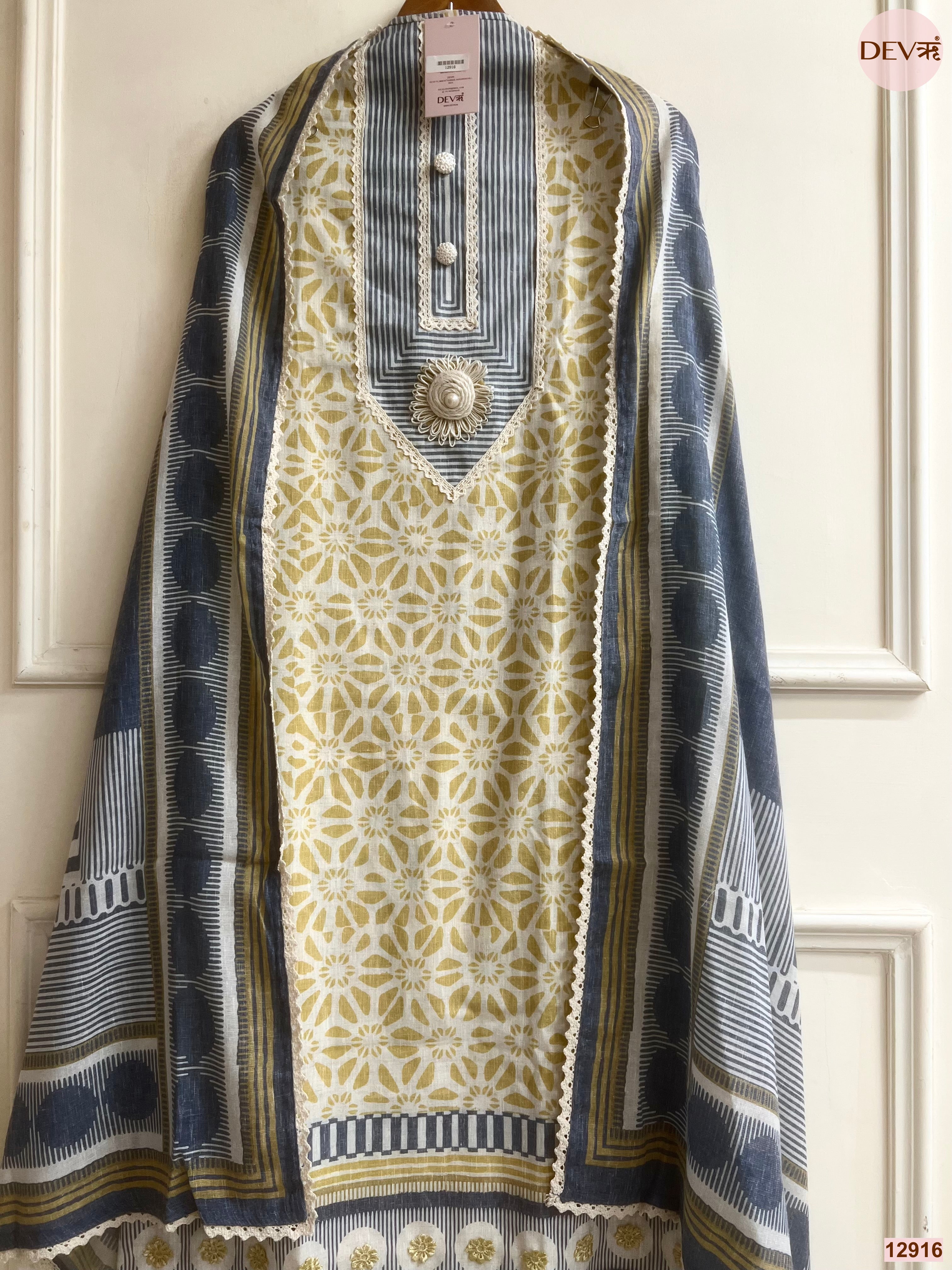 Mustard Cotton Khadi Printed Unstitched 3-Piece Suit (Devri – D.No 12916)