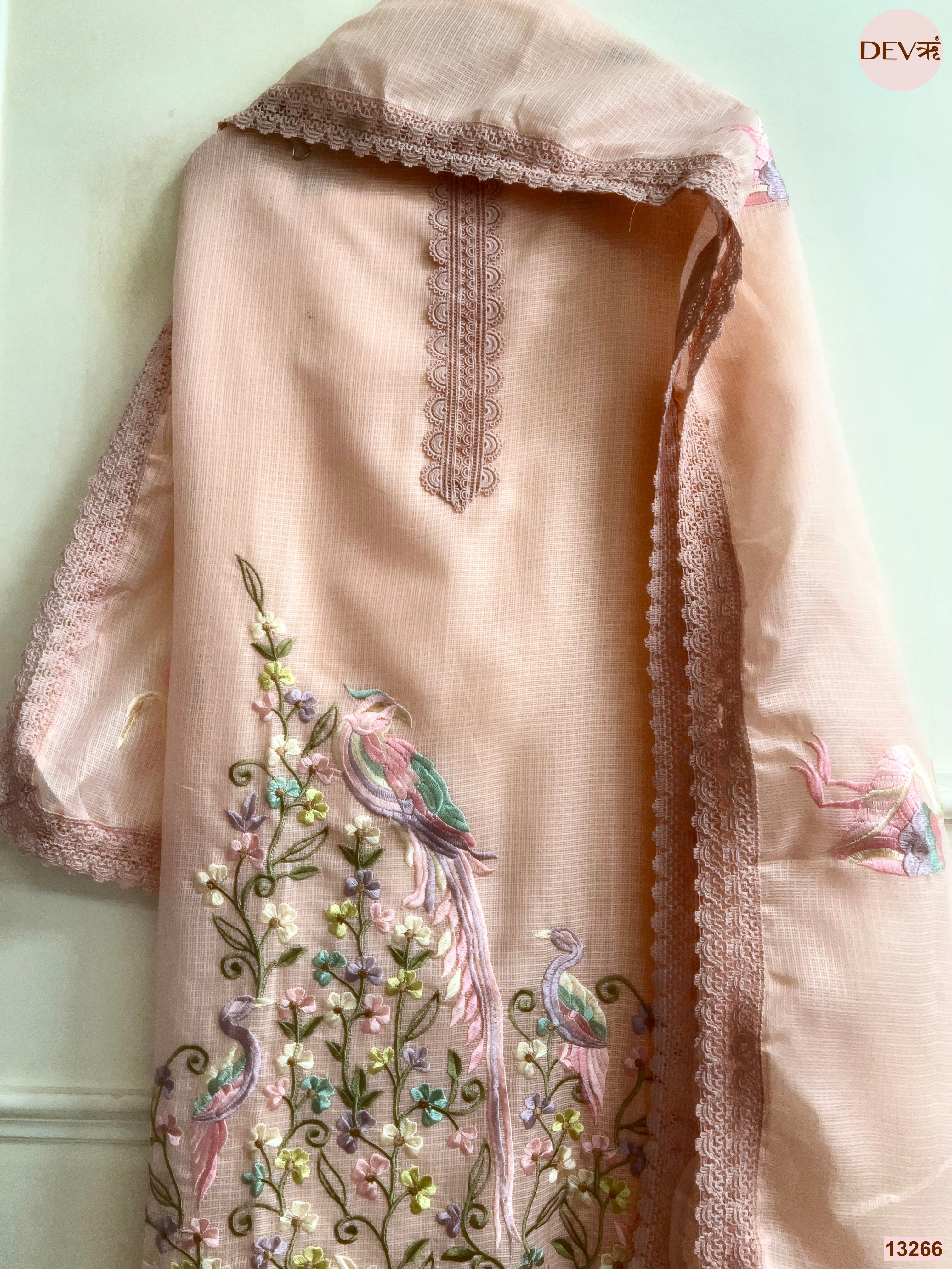 Peach Kota Cotton Embroidered Unstitched 3-Piece Suit (Devri – D.No 13266)