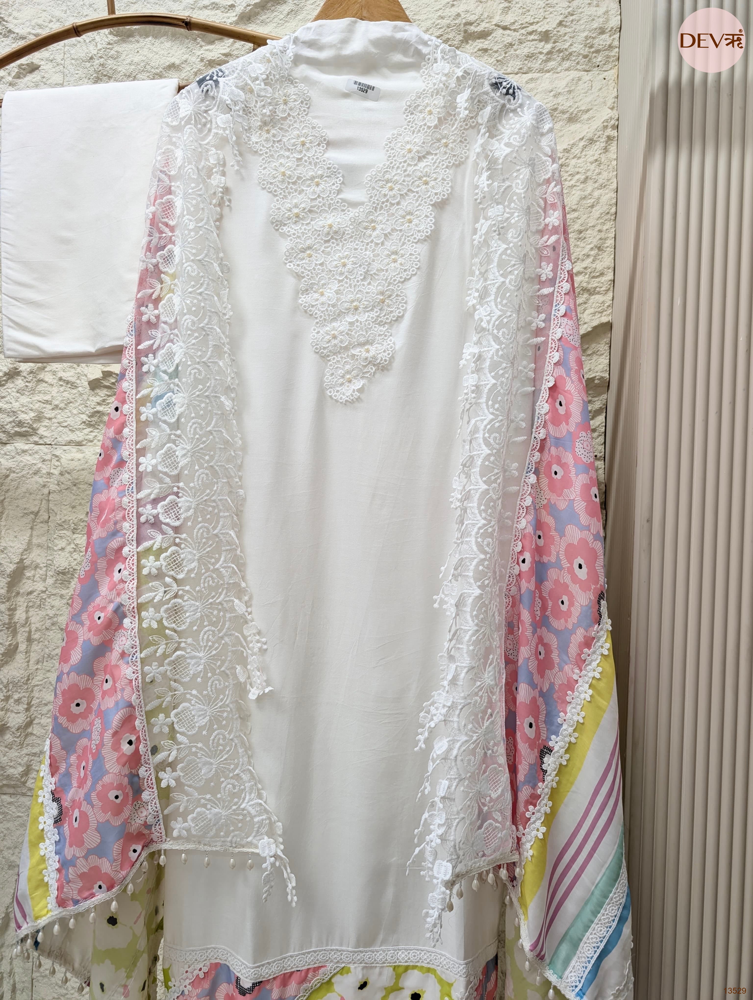 White Muslin Embroidered Unstitched 3-Piece Suit (Devri – D.No 13529)