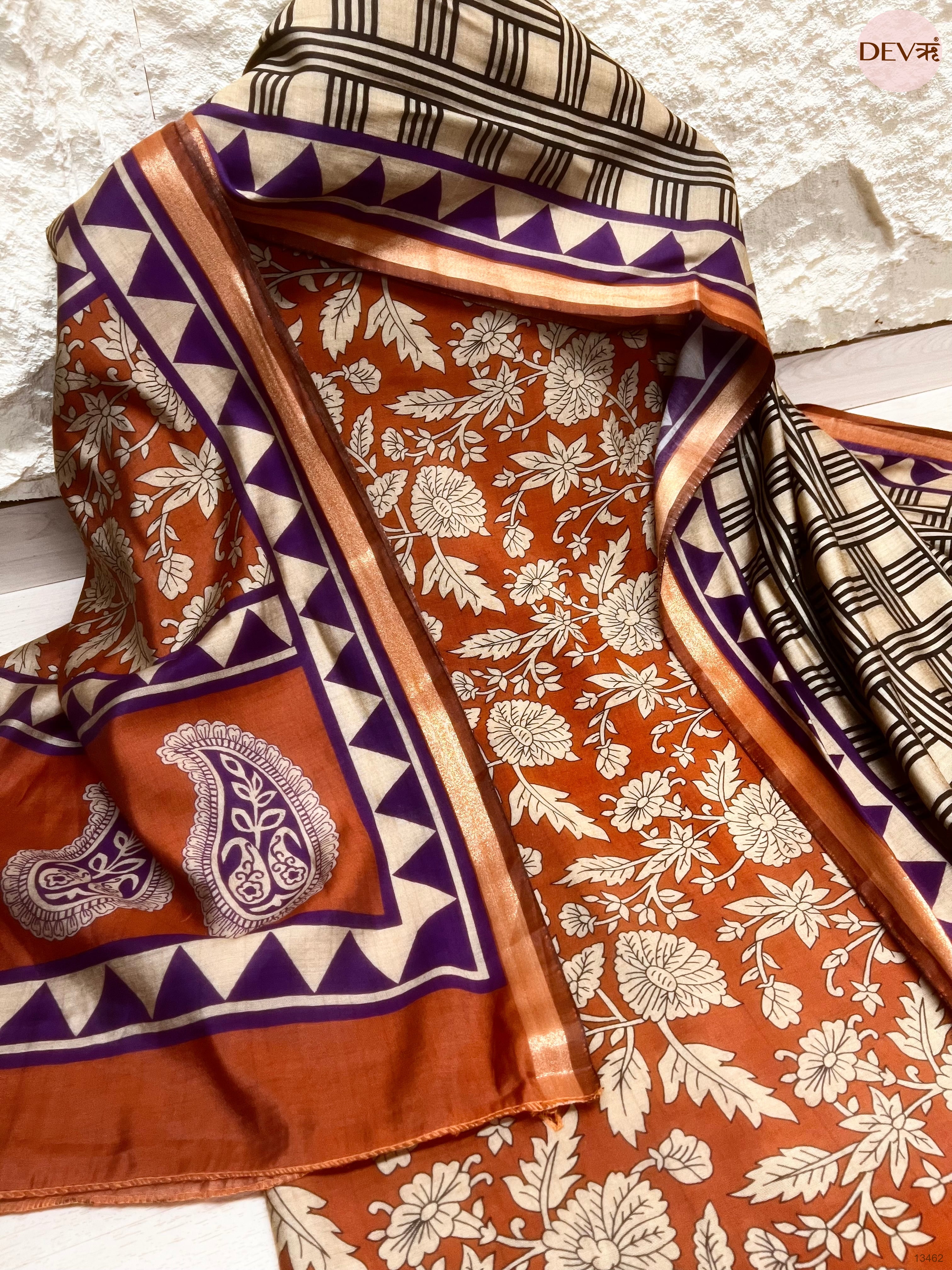 Rust Maheshwari Silk Printed Unstitched 3-Piece Suit (Devri – D.No 13462)