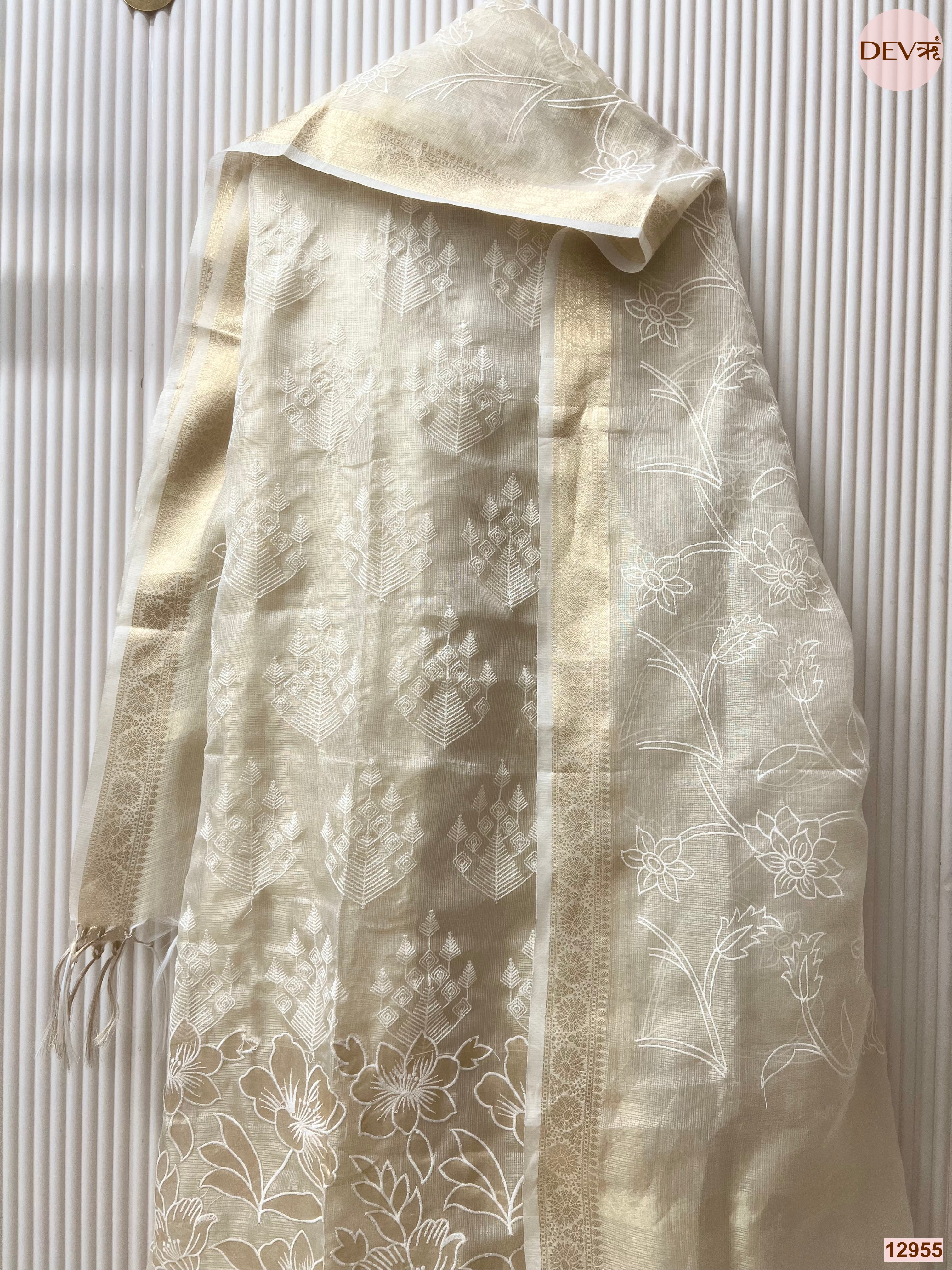 Cream Kota silk Embroidered Unstitched 3-Piece Suit (Devri – D.No 12955)