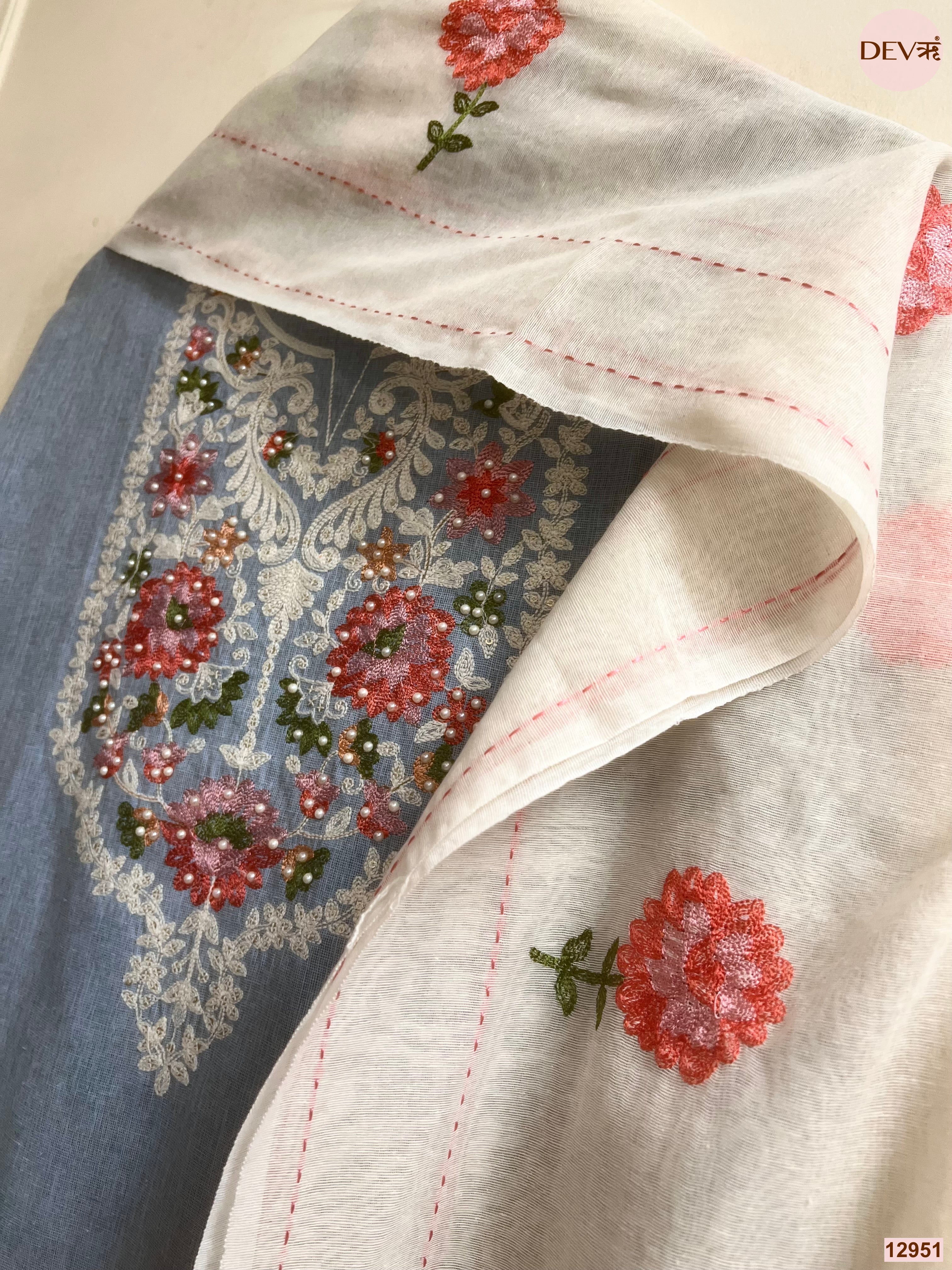 Blue Cotton Handloom Embroidered Unstitched 3-Piece Suit (Devri – D.No 12951)