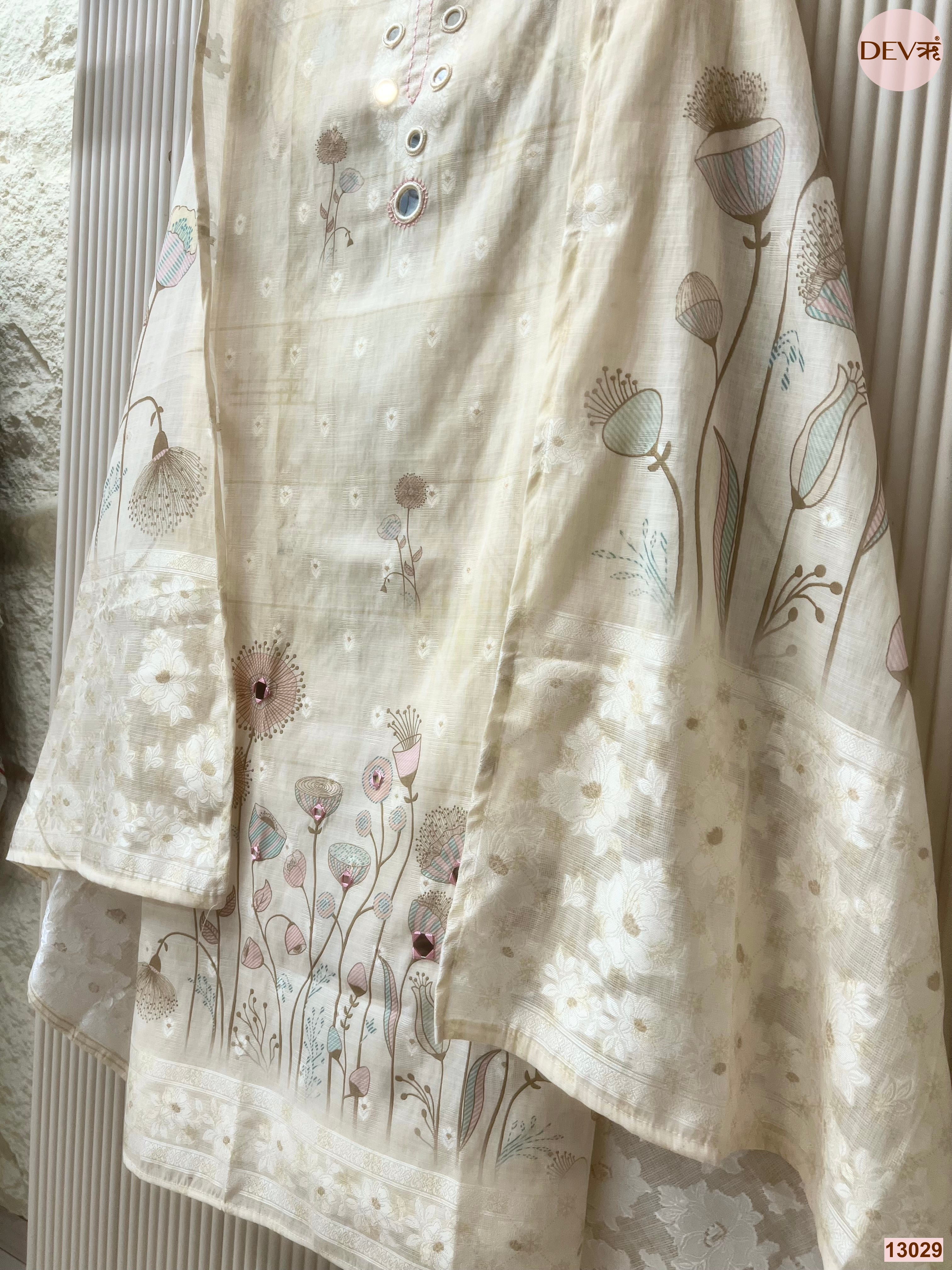 Cream Pure Linen Printed Unstitched 3-Piece Suit (Devri – D.No 13029)