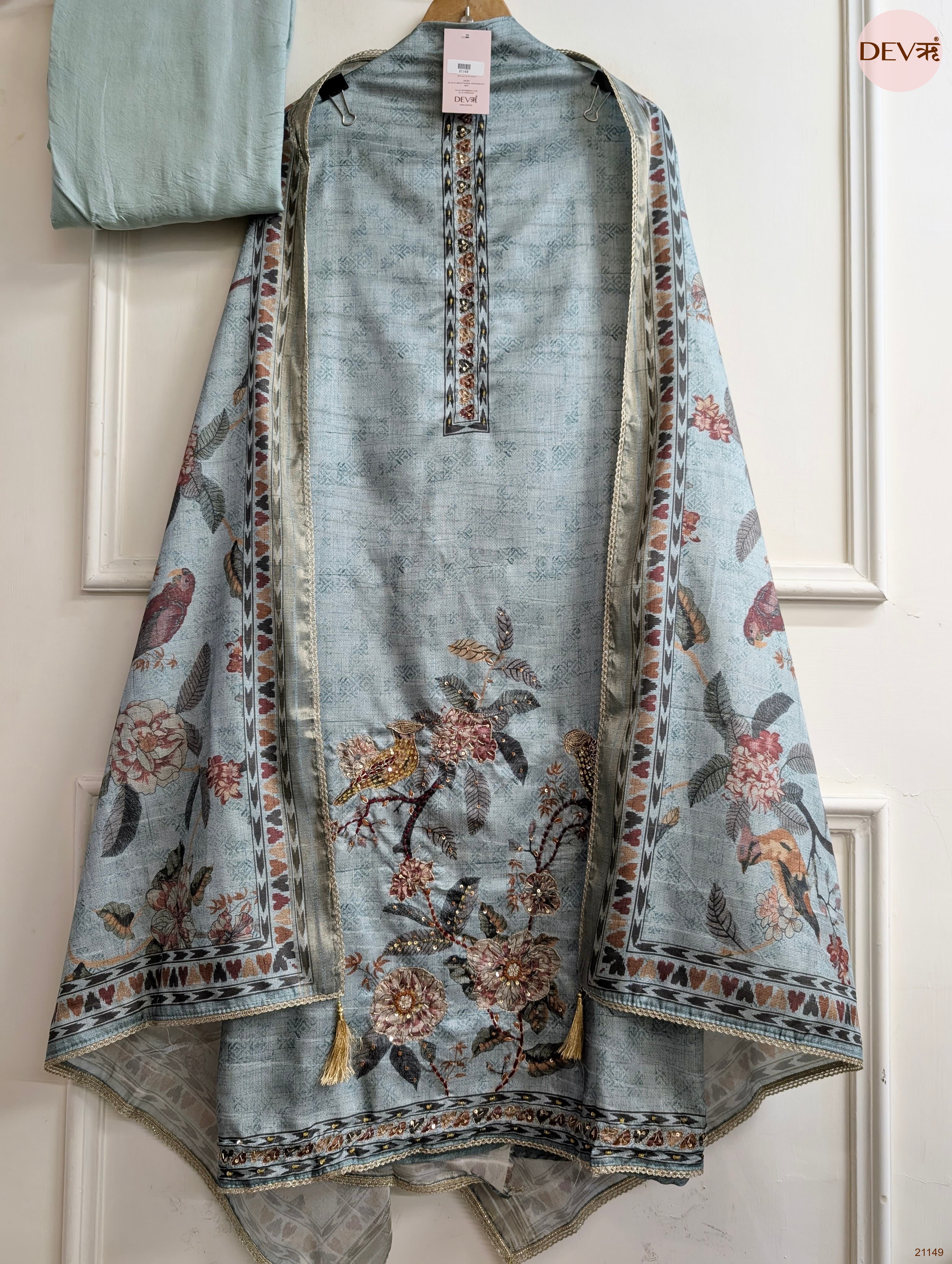 Blue Mul Chanderi Silk Printed Unstitched 3-Piece Suit (Devri – D.No 21149)