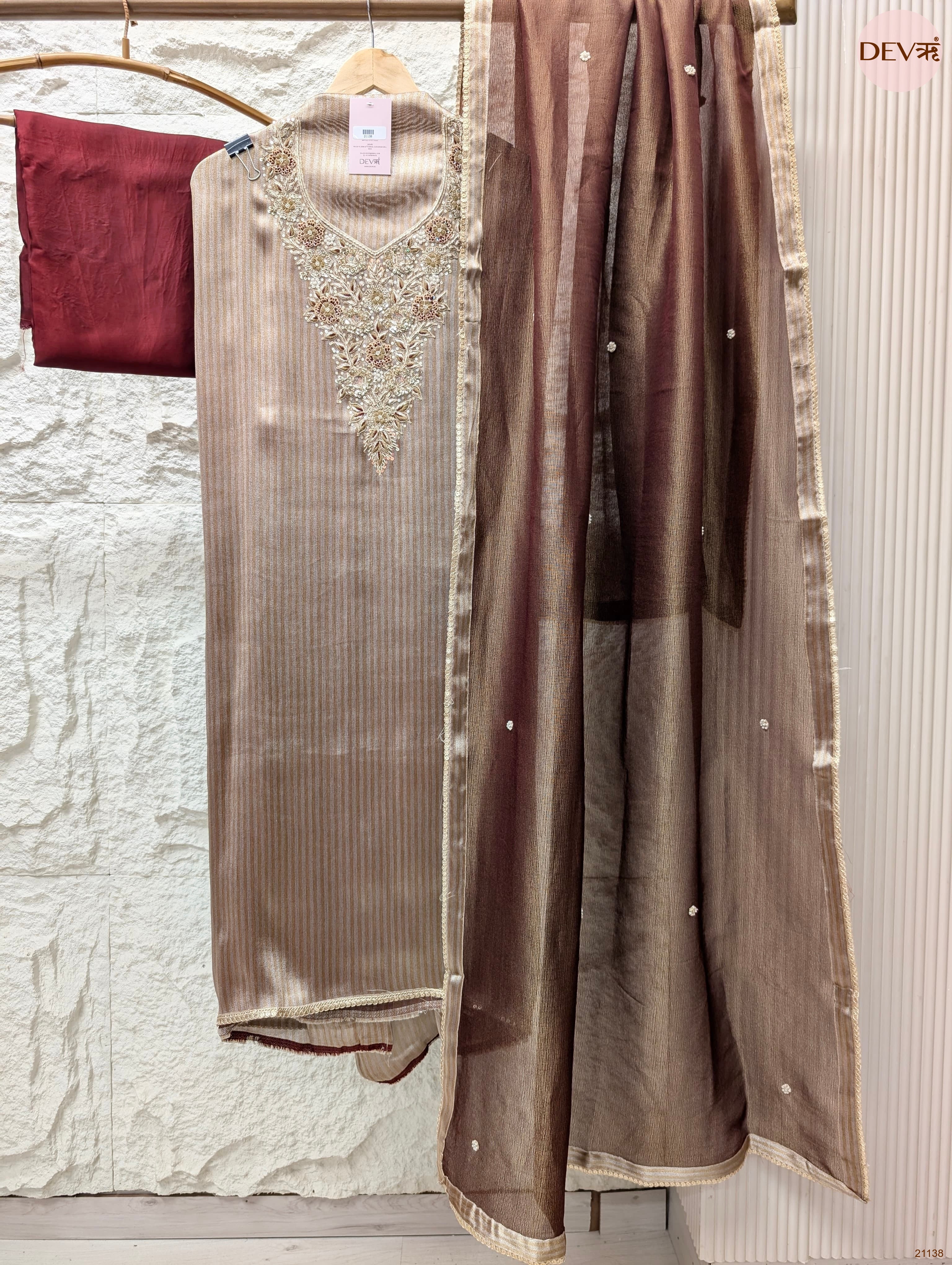Brown Pure Tissue Silk Embroidered Unstitched 3-Piece Suit (Devri – D.No 21138)