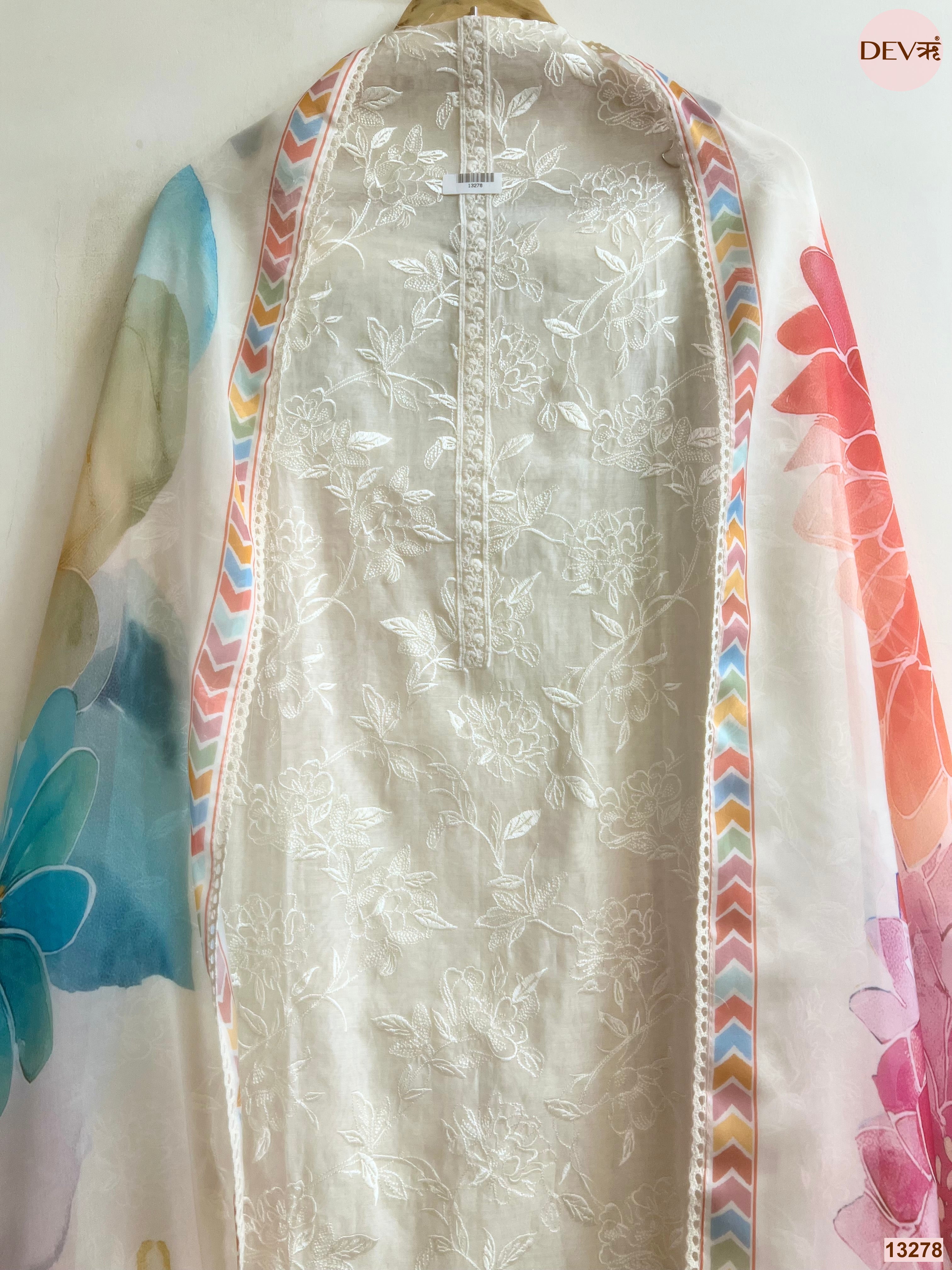 Cream Mul Chanderi Embroidered Unstitched 3-Piece Suit (Devri – D.No 13278)