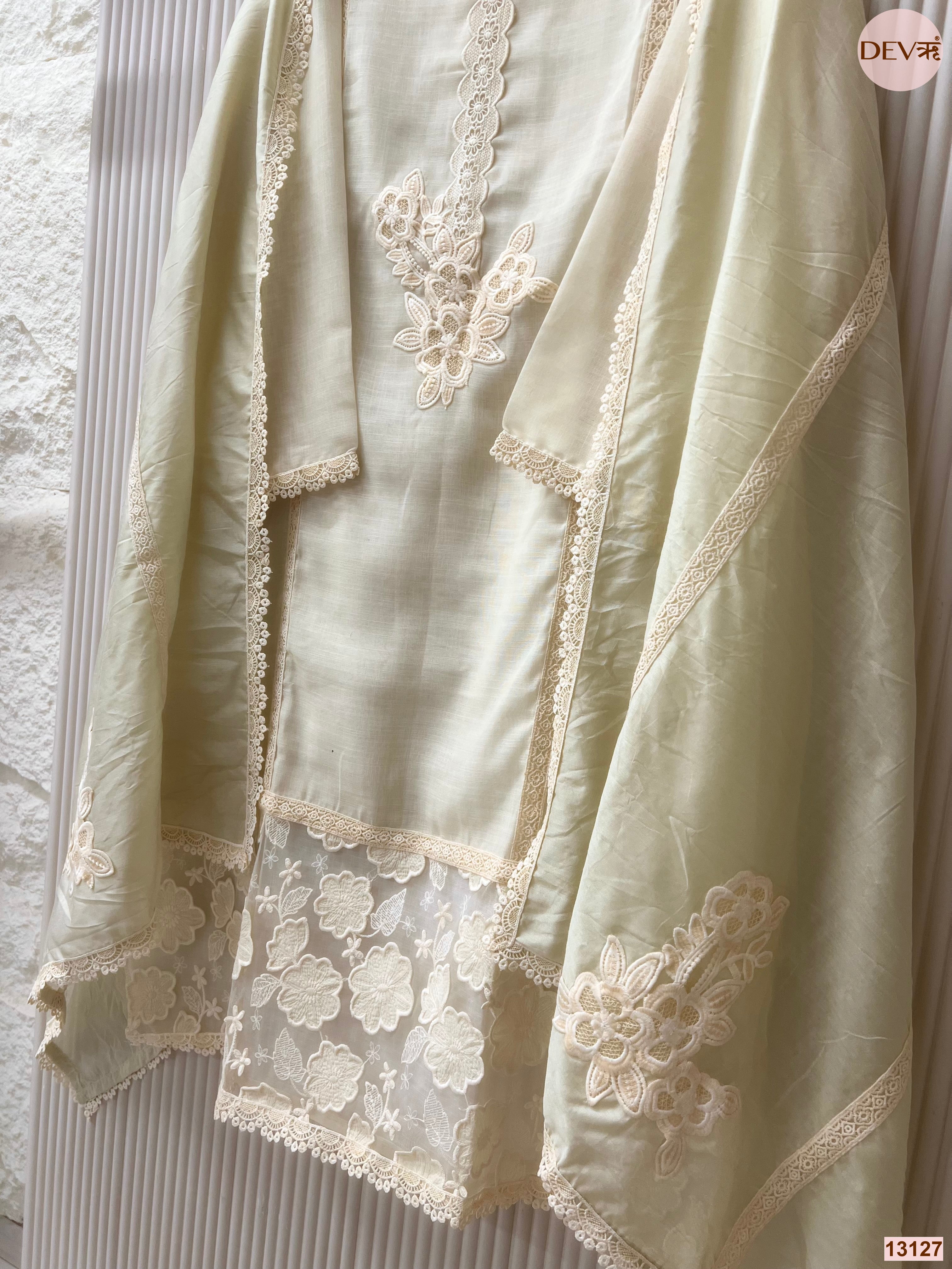 Pista Linen Cotton Embroidered Unstitched 3-Piece Suit (Devri – D.No 13127)