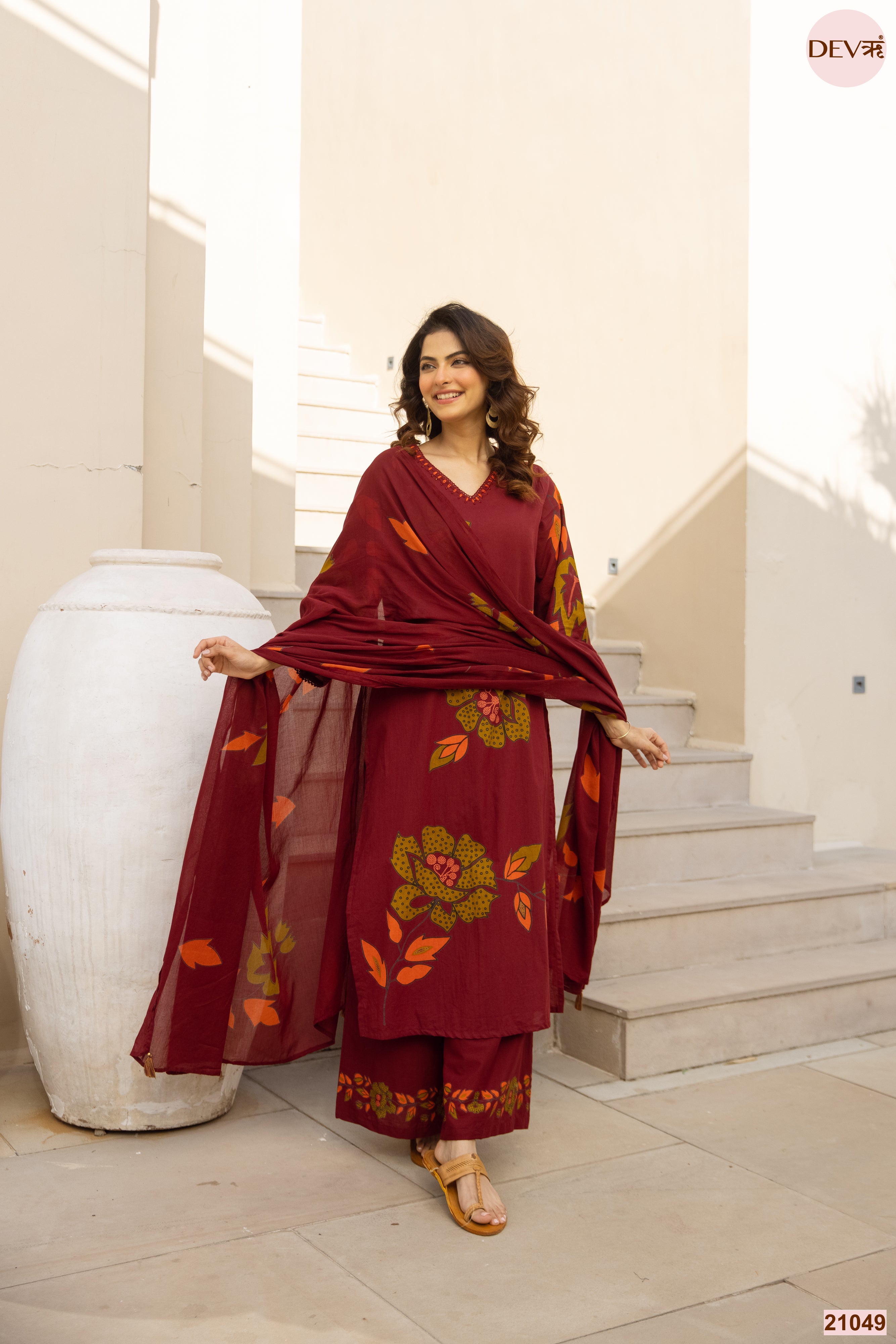 Gulnaar Cotton Slub Printed Maroon 3-Piece Set (Devri – D.No 21049)