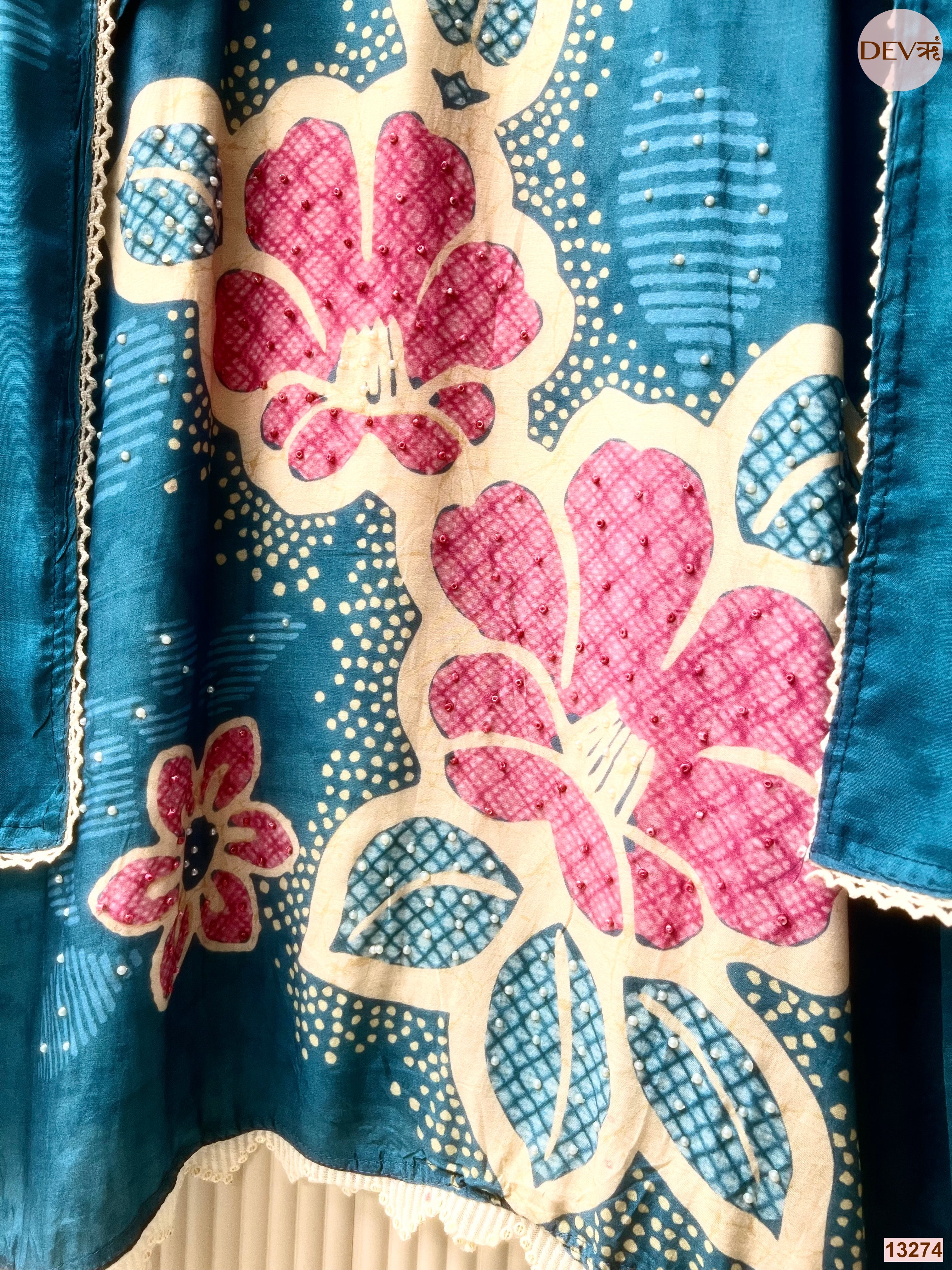 Teal Muslin Printed Unstitched 3-Piece Suit (Devri – D.No 13274)