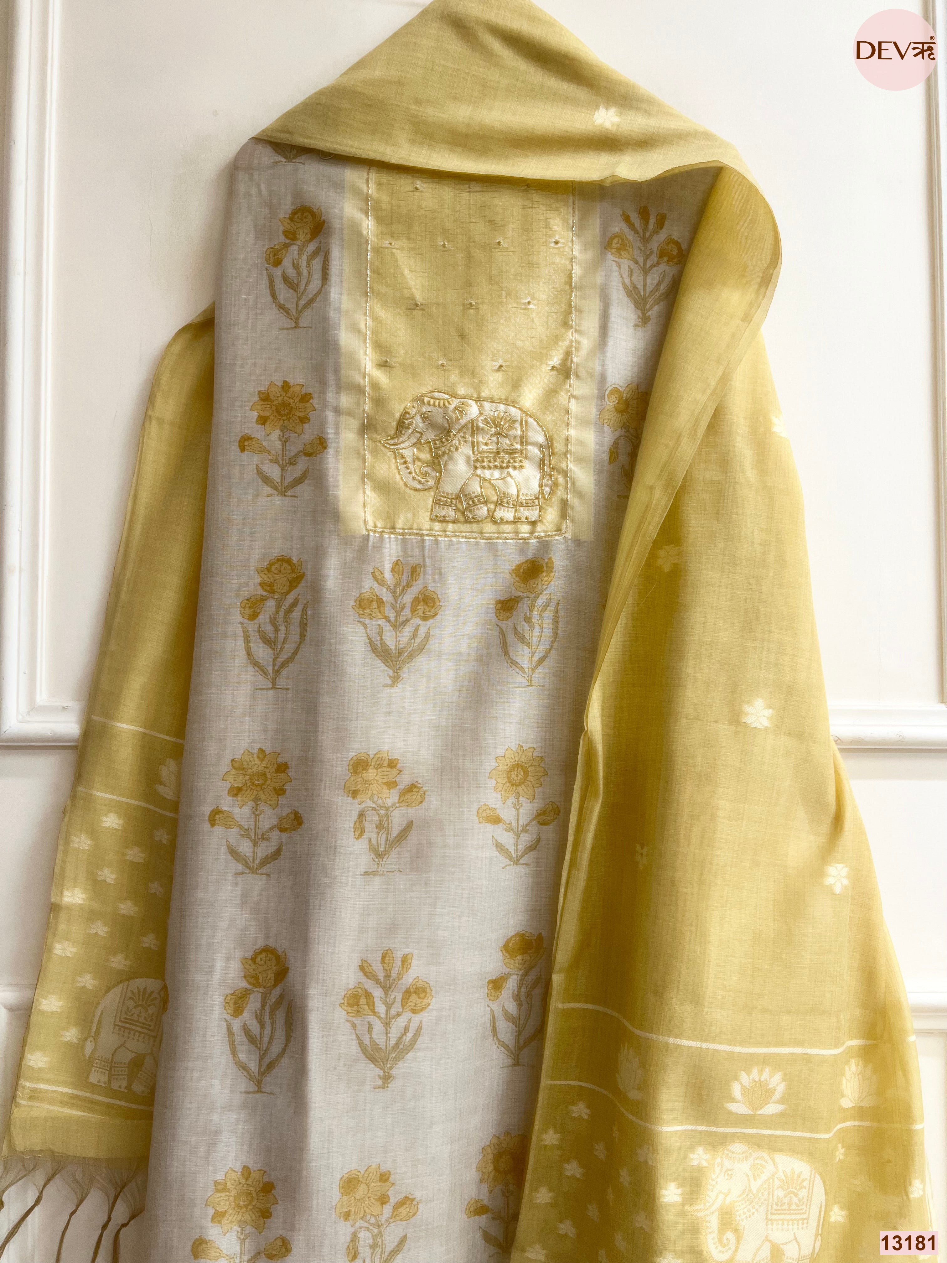 Yellow Mul Chanderi Printed Unstitched 3-Piece Suit (Devri – D.No 13181)